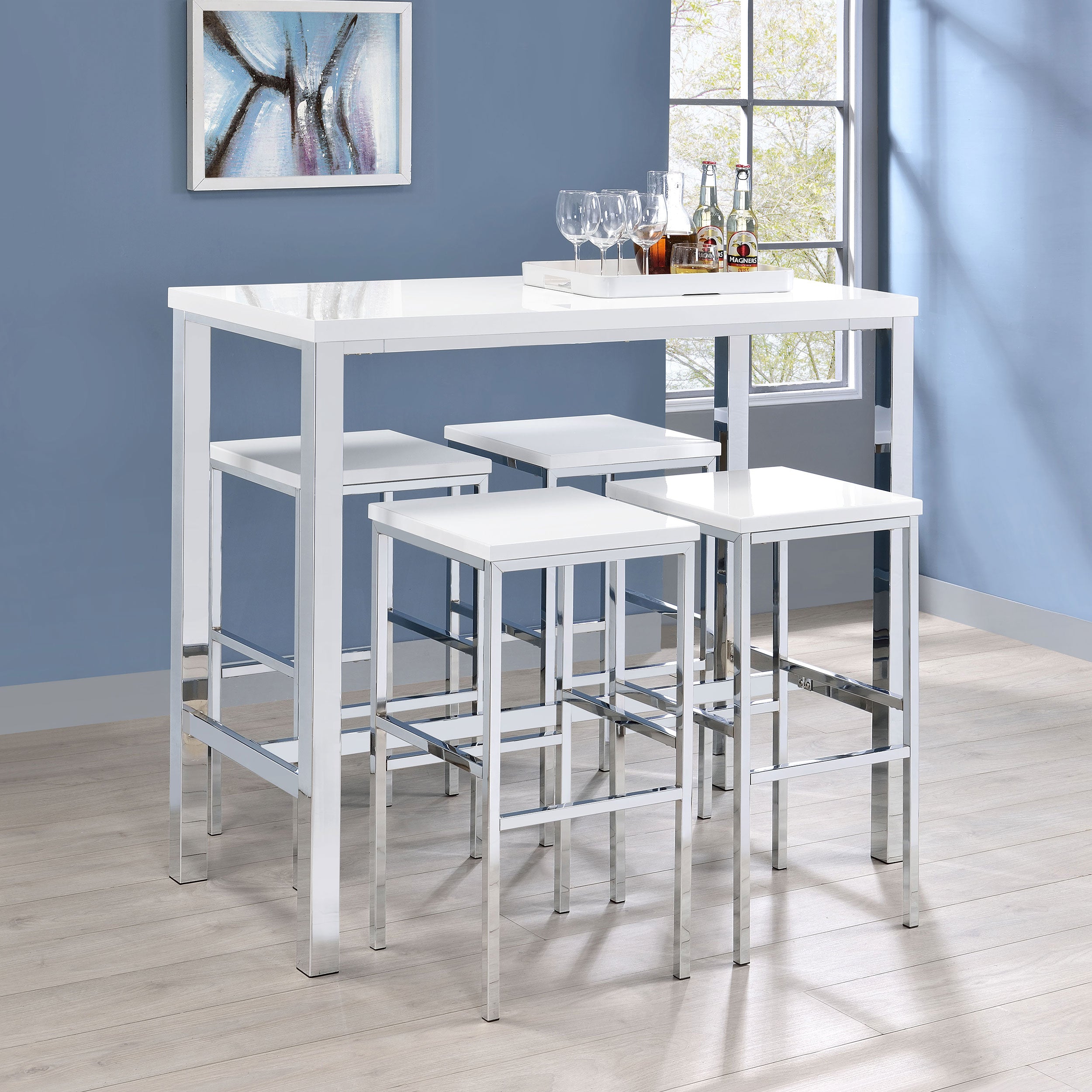 Dar Furniture - Coaster - Natividad 5-piece Pub Height Bar Table Set White High Gloss - 182525