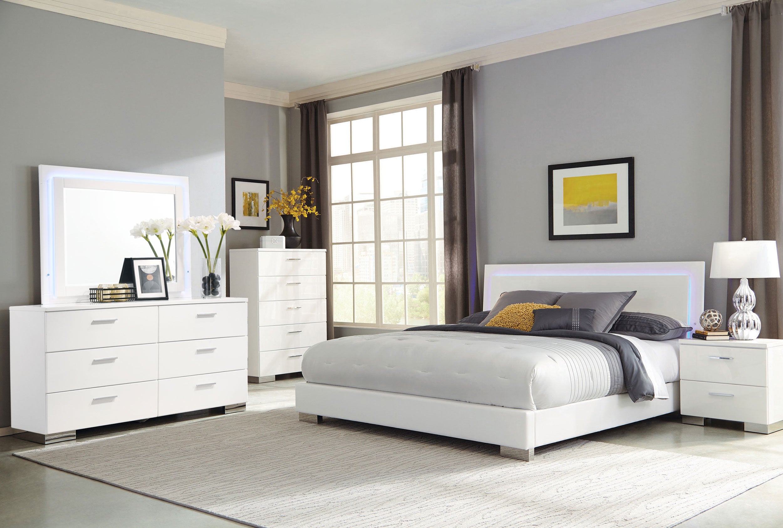Dar Furniture - Coaster - Felicity 5-piece Eastern King Bedroom Set White High Gloss - 203500KE-S5L