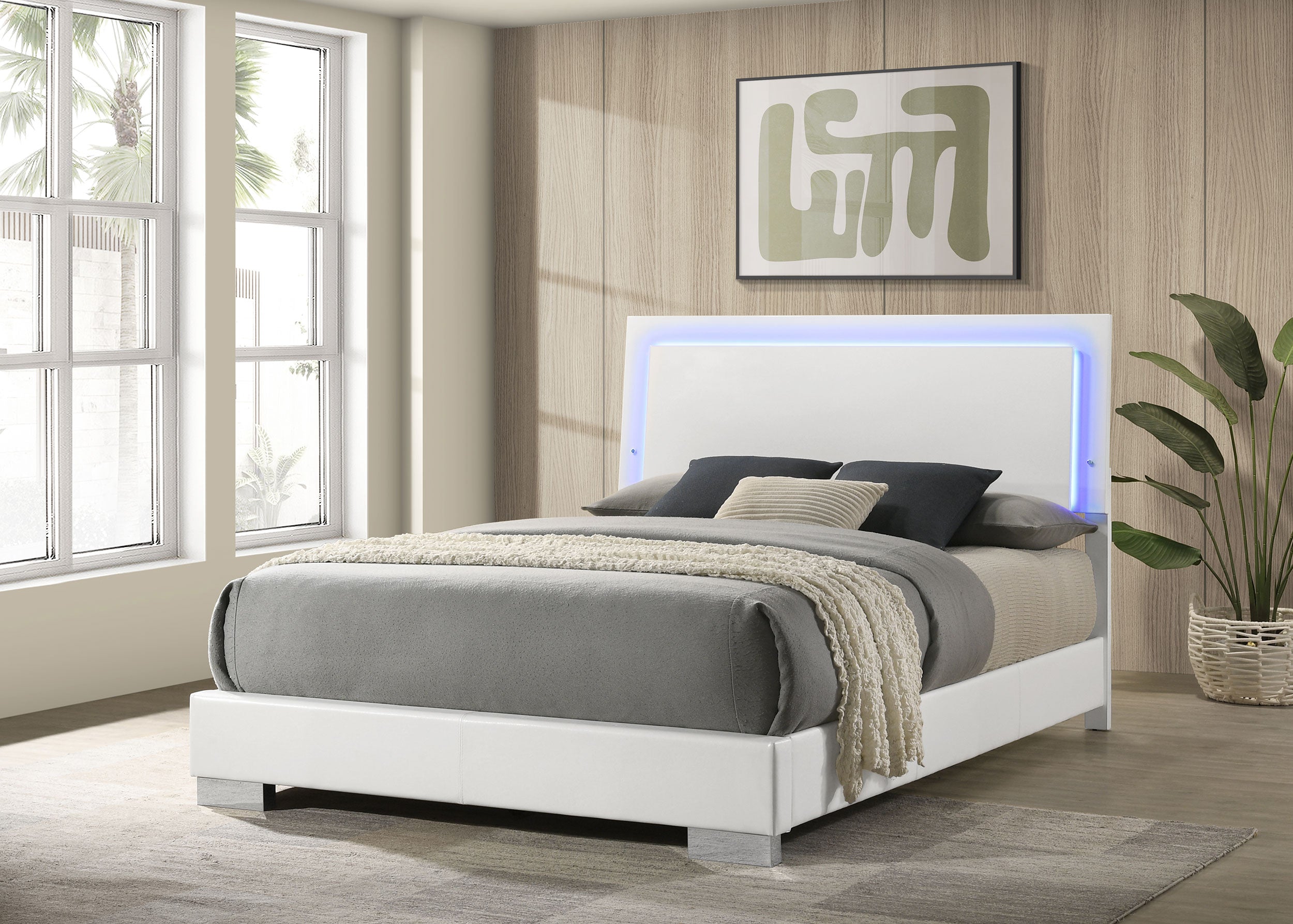 Felicity Wood Queen LED Panel Bed White High Gloss