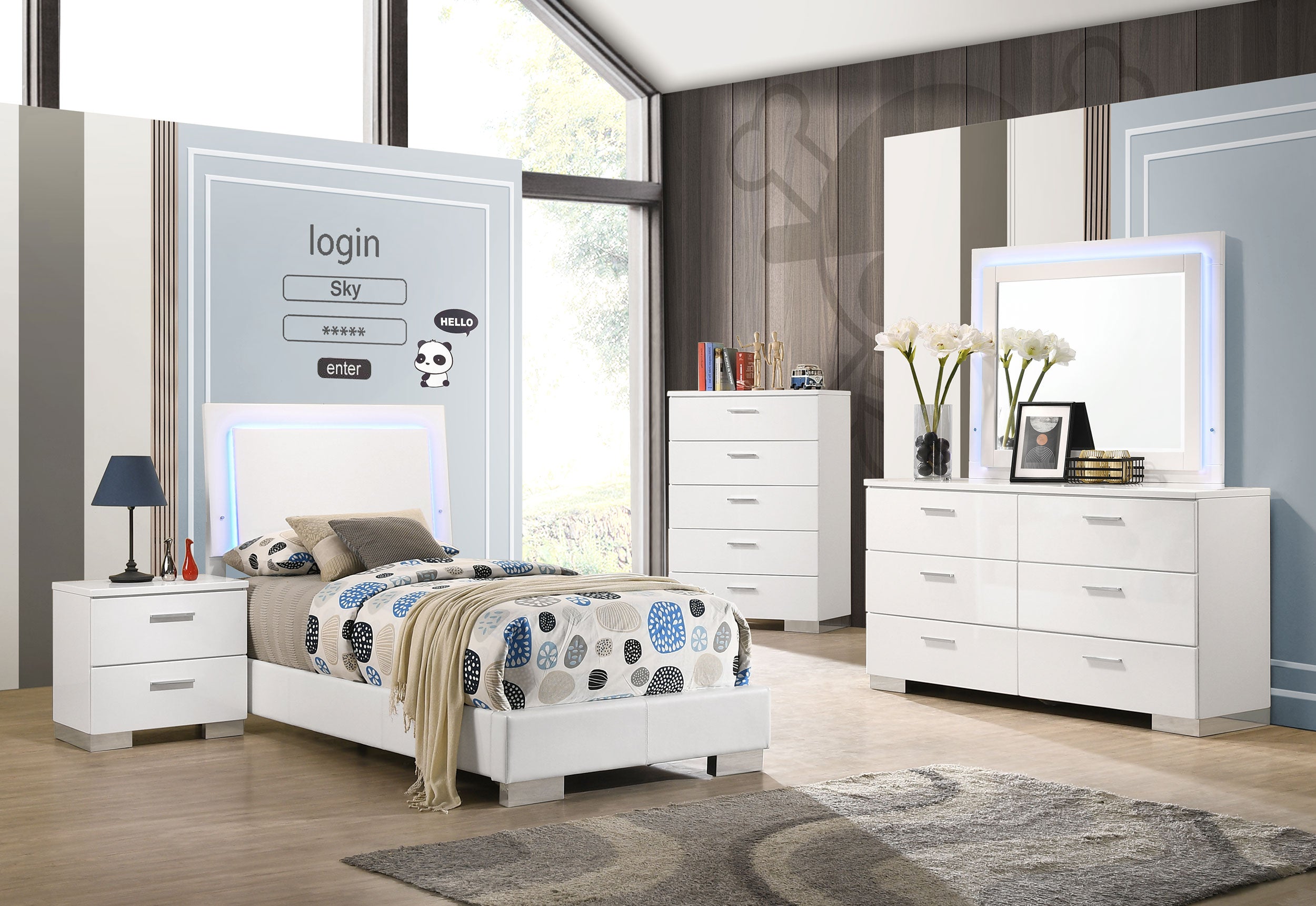 Dar Furniture - Coaster - Felicity 5-piece Twin Bedroom Set White High Gloss - 203500T-S5L