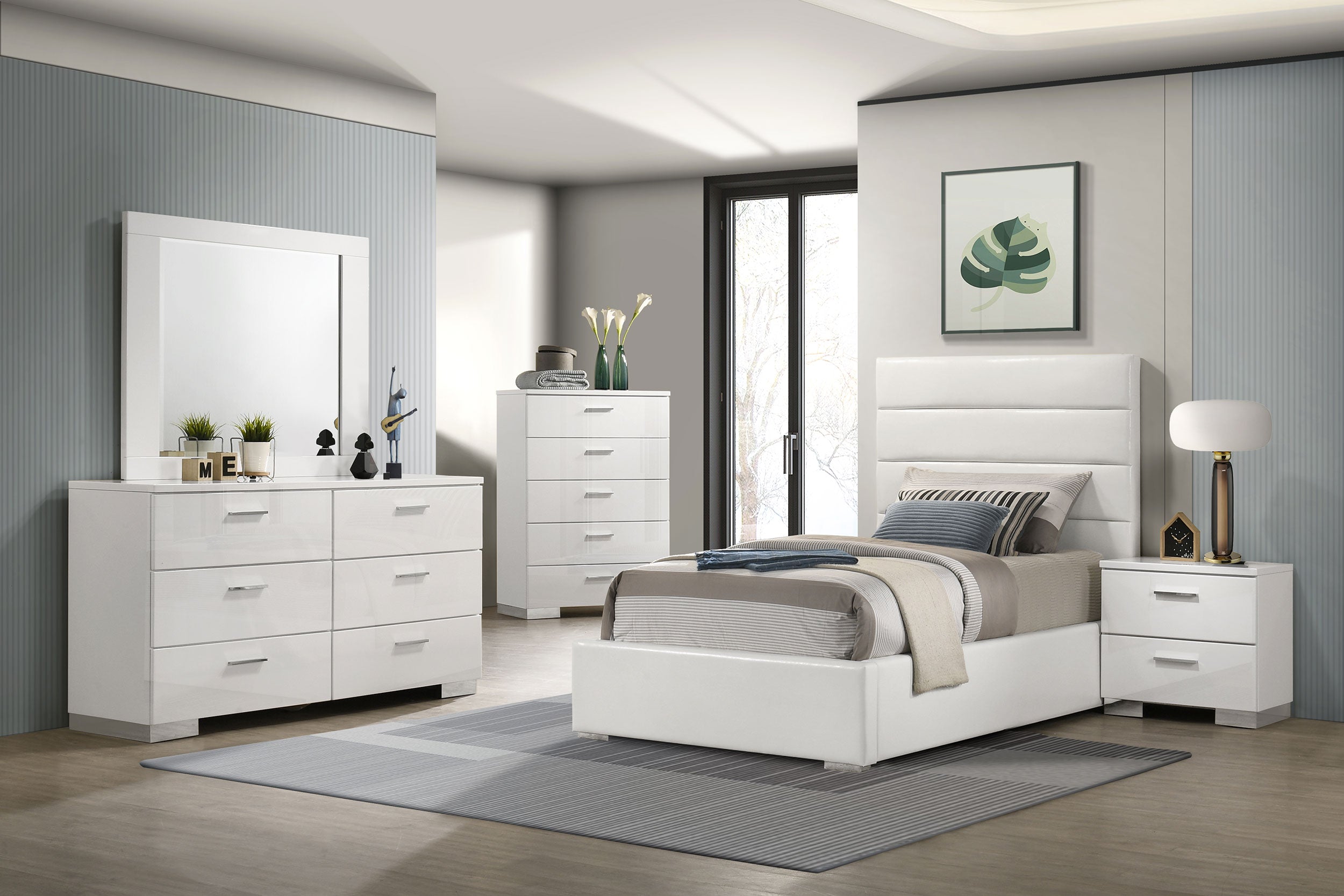 Dar Furniture - Coaster - Felicity 5-piece Twin Bedroom Set White High Gloss - 203511T-S5