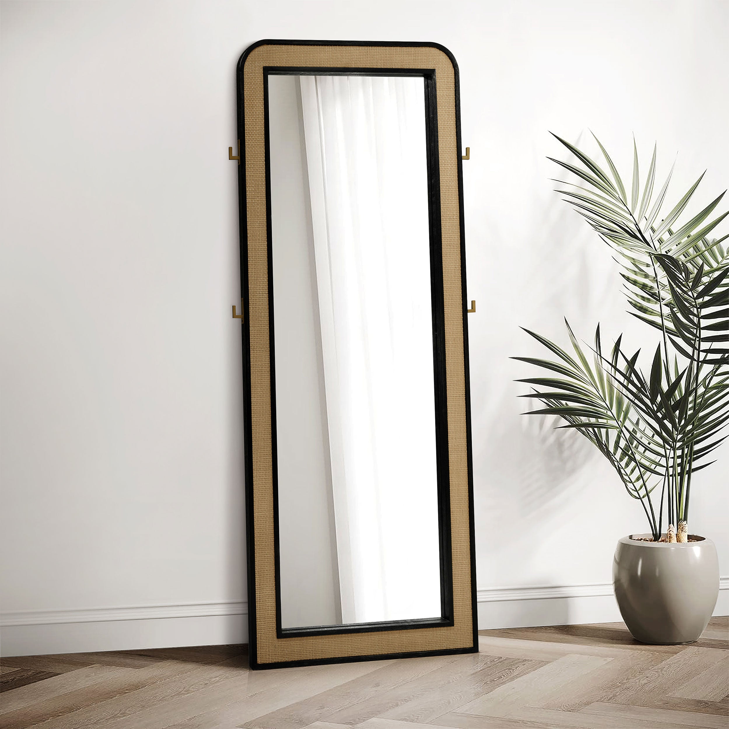 Dar Furniture - Coaster - Arini Cane Weave Full Length Standing Floor Mirror Black - 224339
