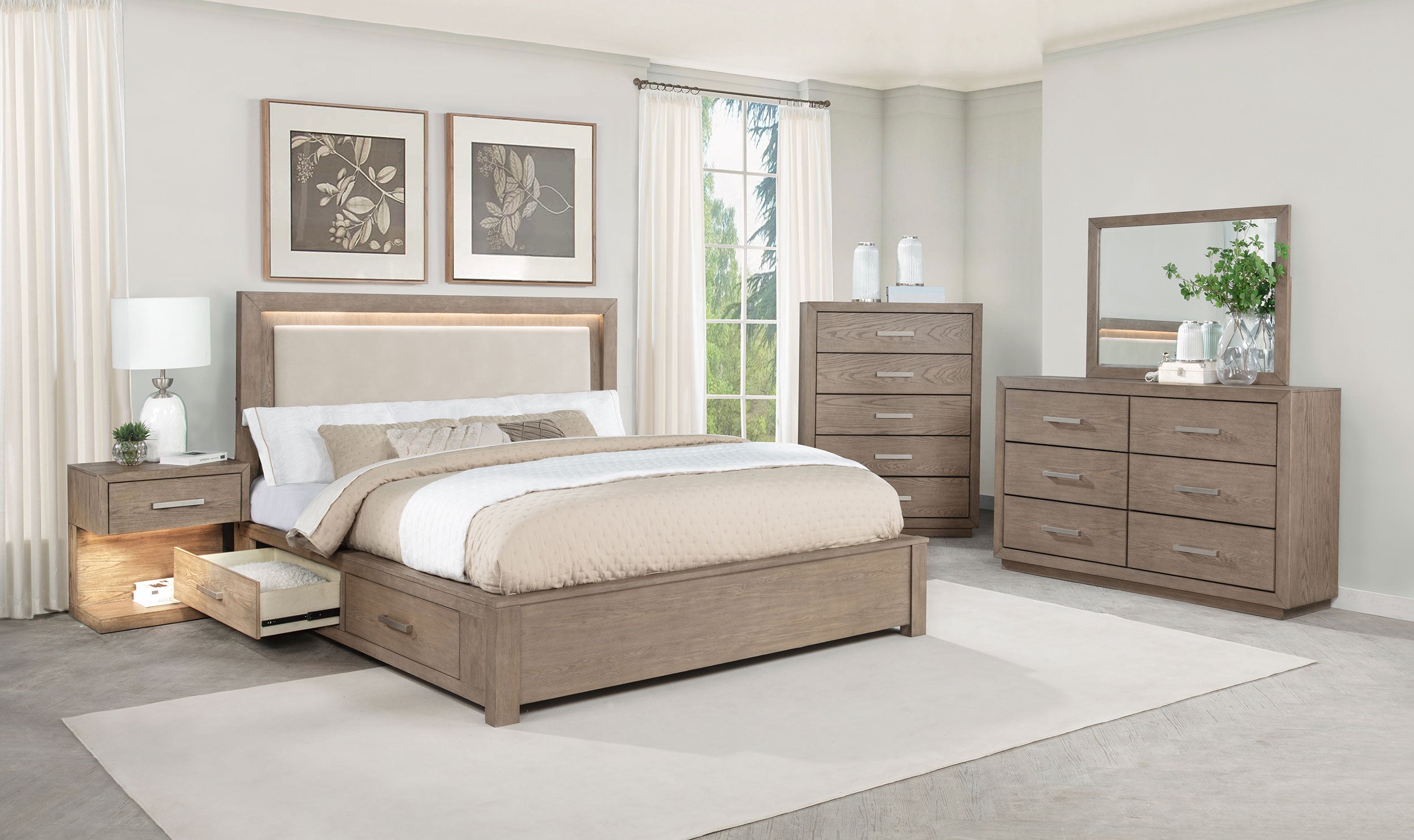 Kenora 56-inch Eastern King LED Storage Bed Barley Brown