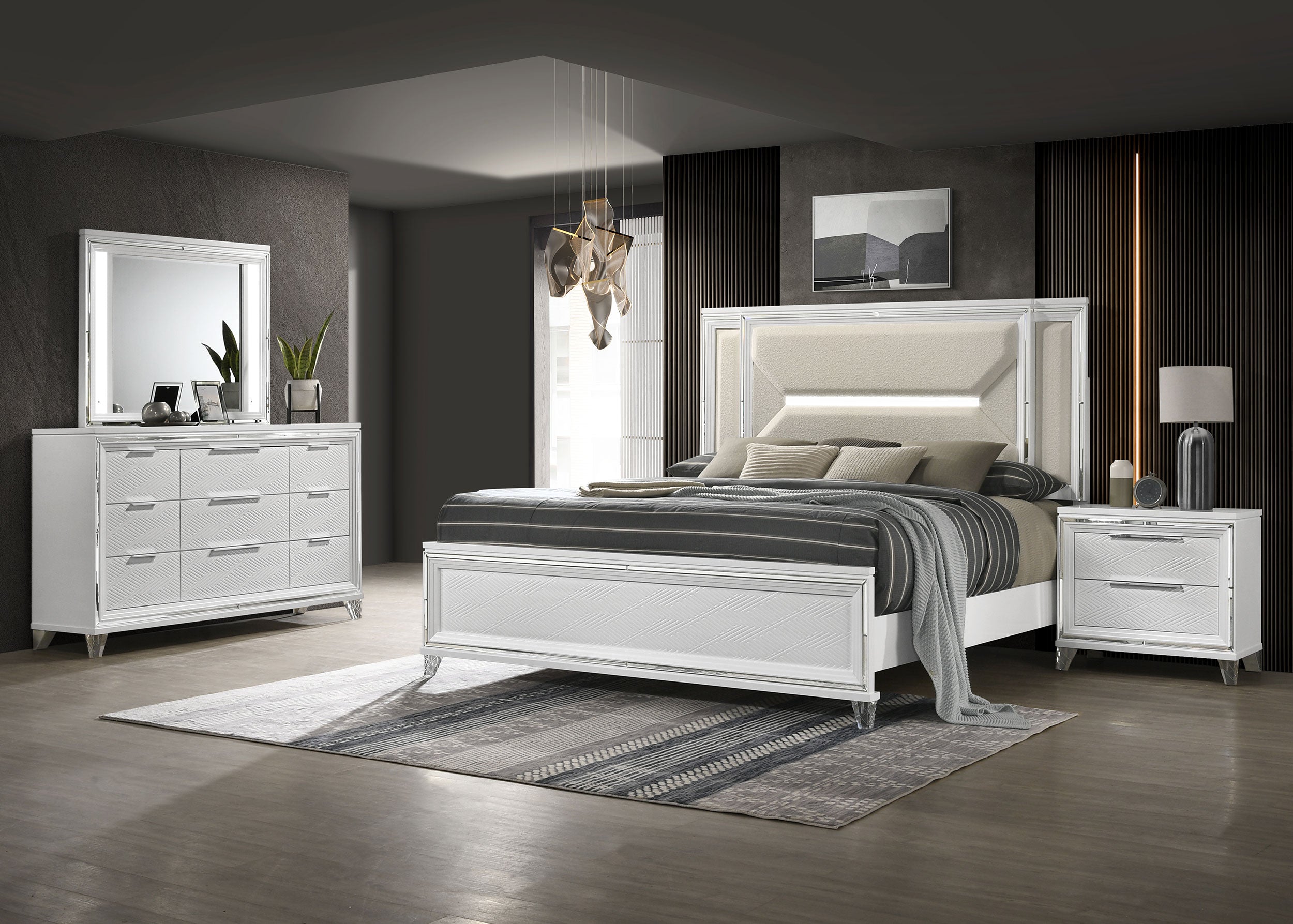 Dar Furniture - Coaster - Marmore 4-piece Eastern King Bedroom Set White - 224961KE-S4
