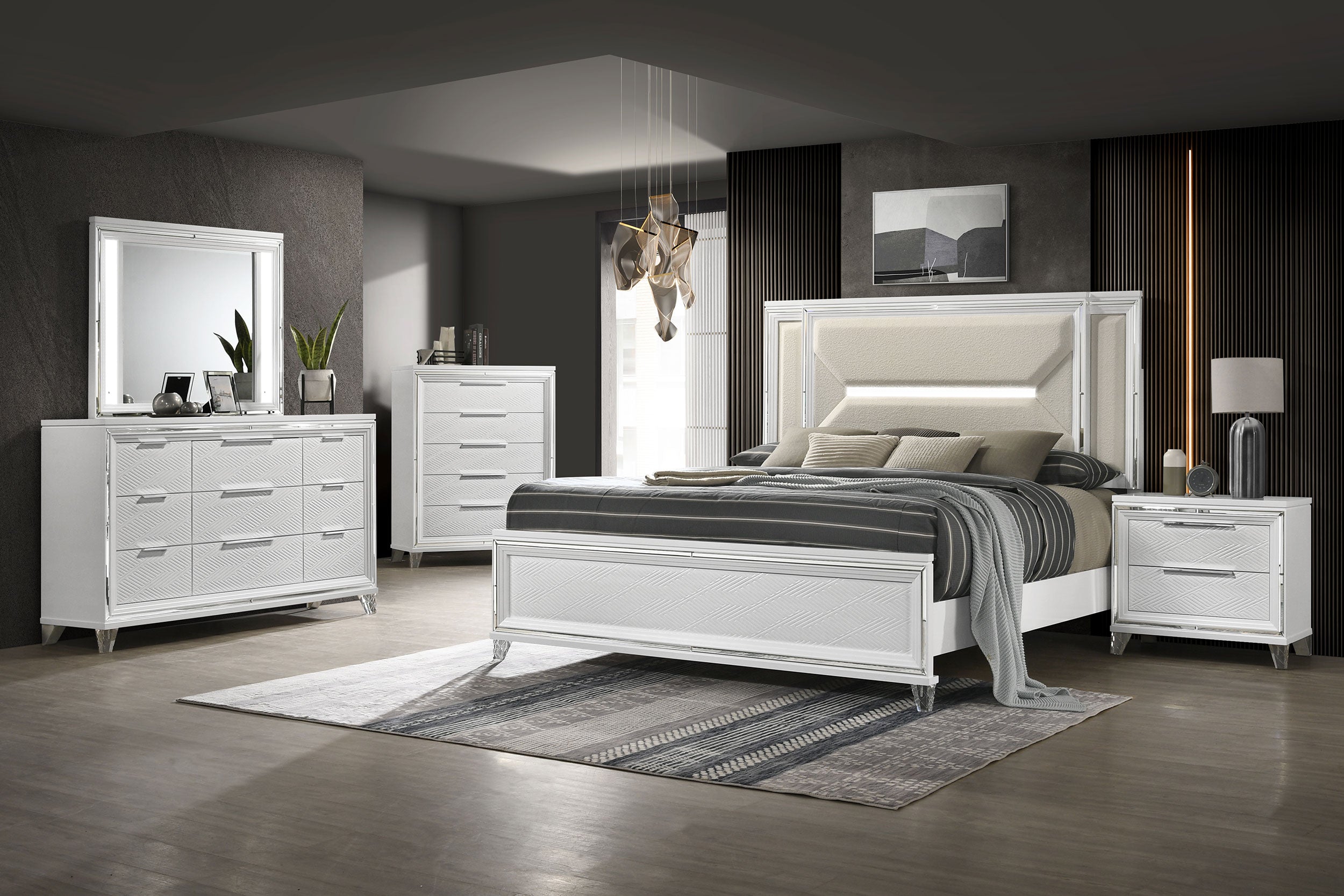 Dar Furniture - Coaster - Marmore 5-piece Eastern King Bedroom Set White - 224961KE-S5