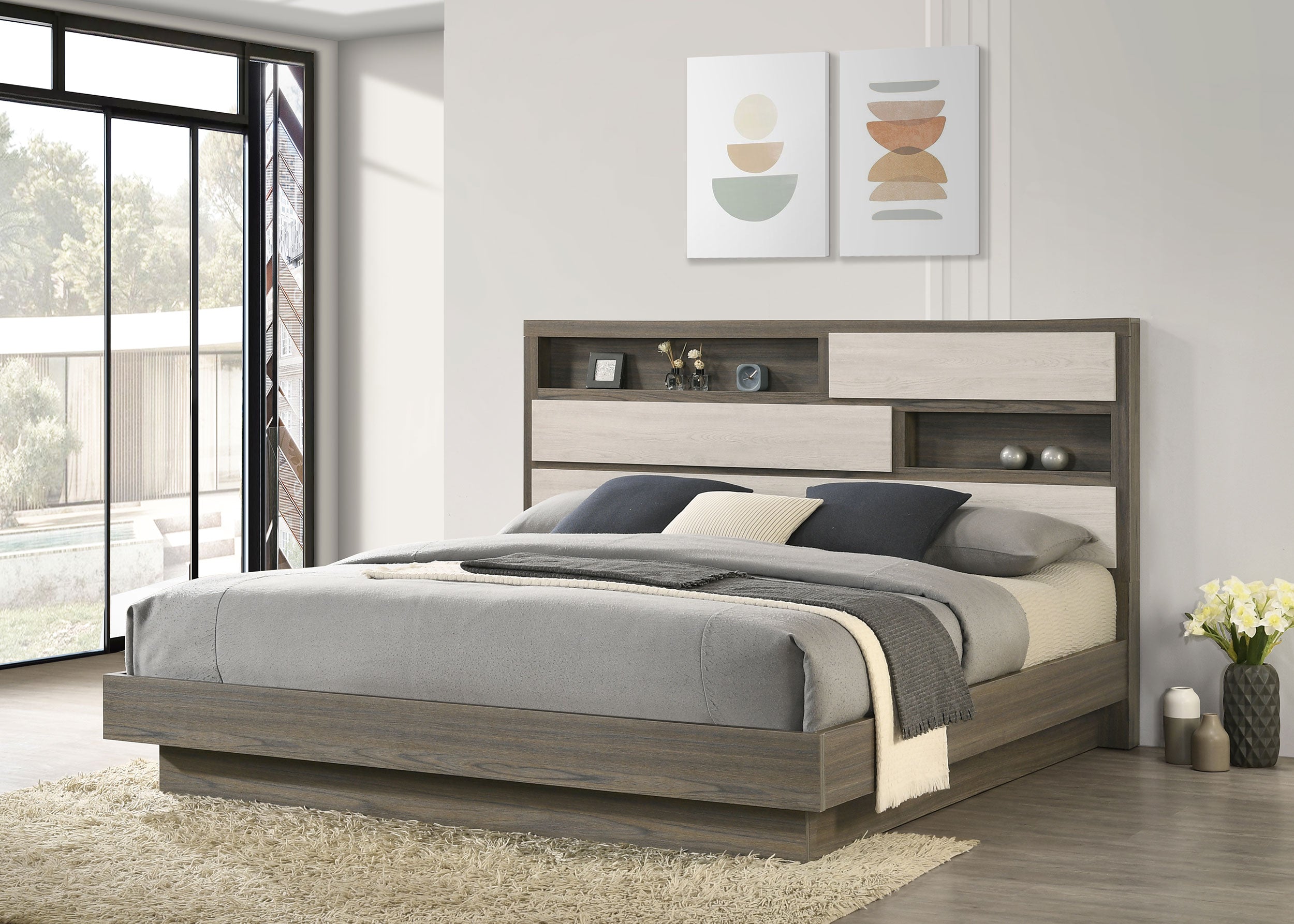 Fenwick Eastern King Bed Bookcase Headboard Grey Oak