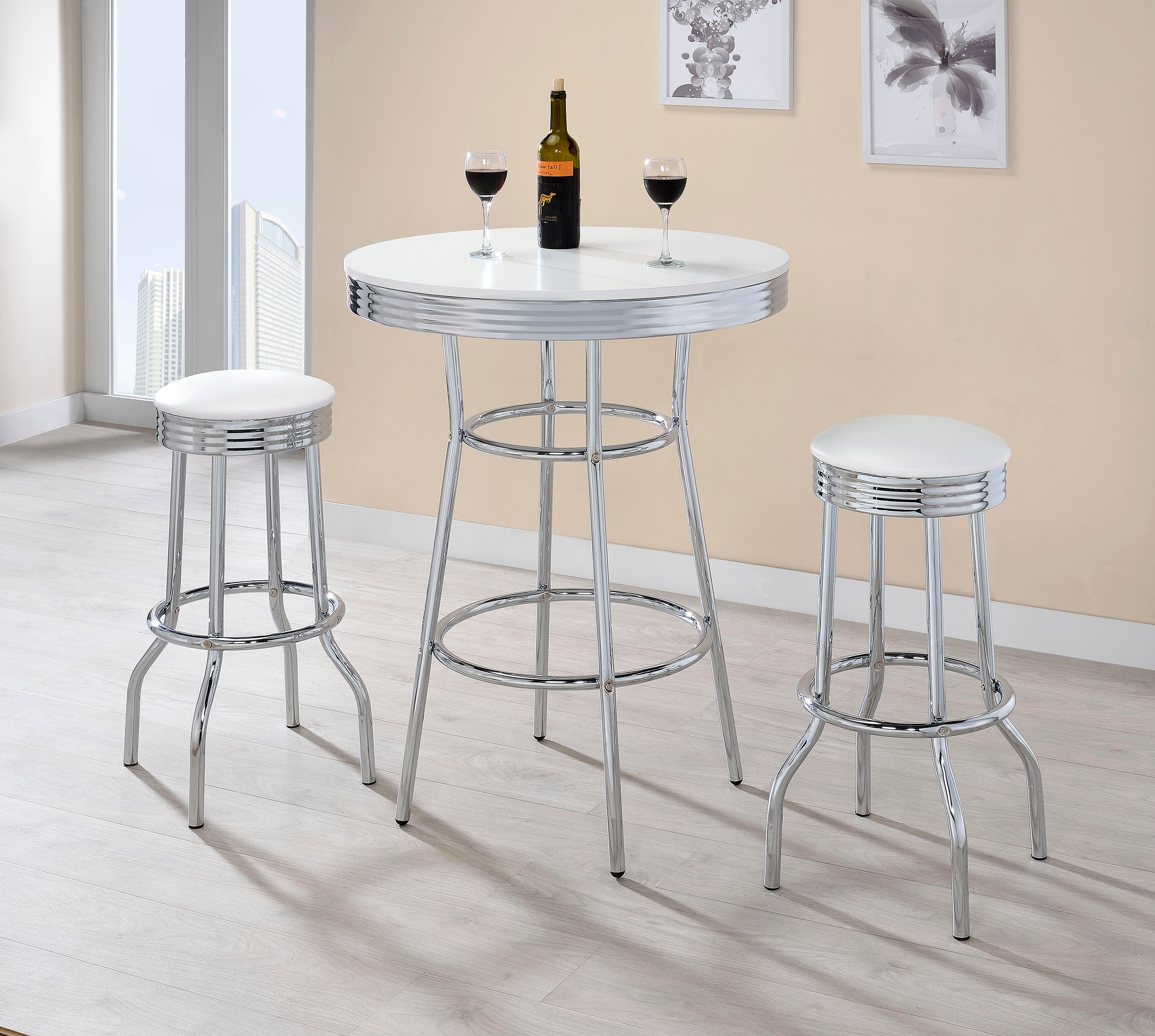 Dar Furniture - Coaster - Retro 3-piece Round 1950s Bistro Pub Bar Table Set White - 2300-S3