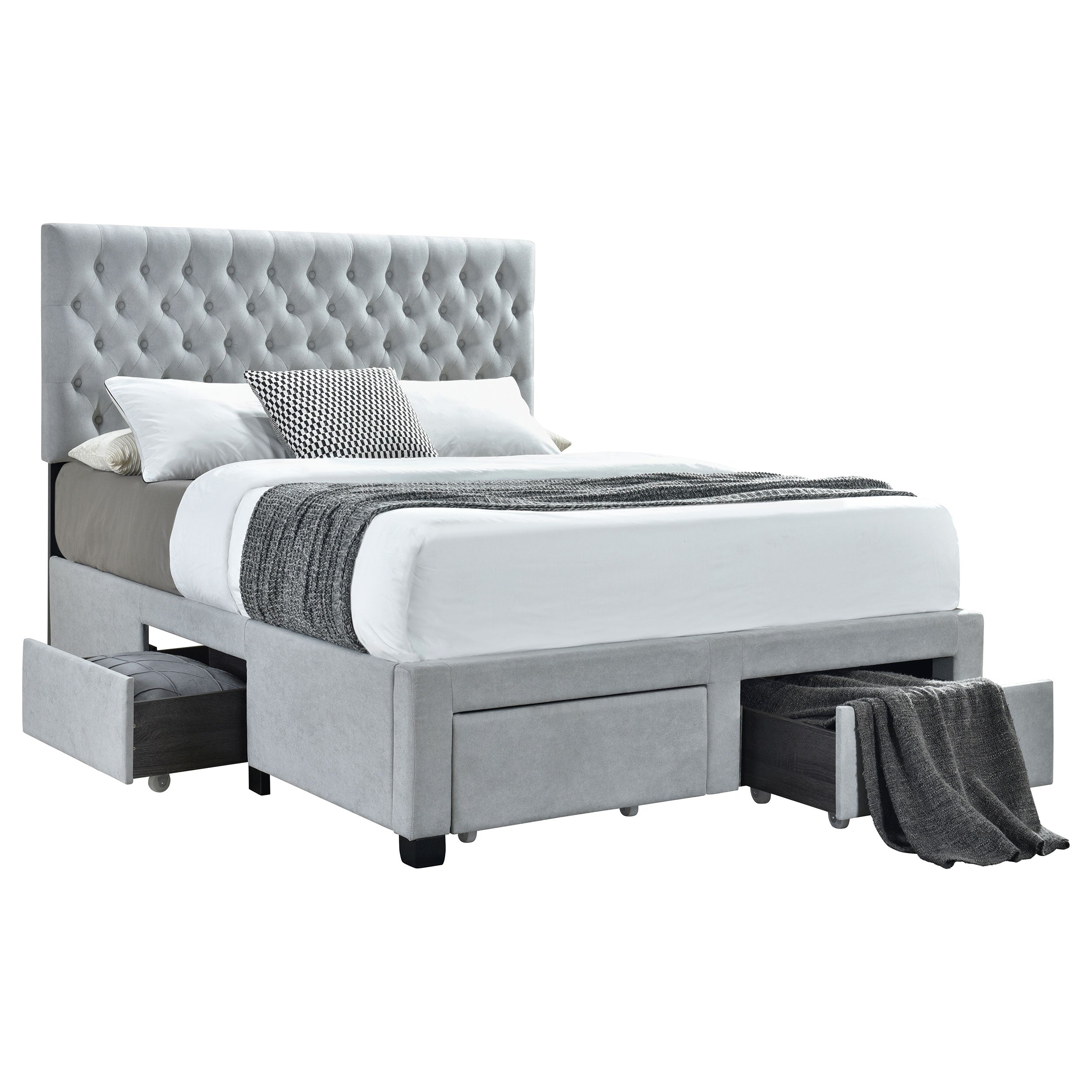 Dar Furniture - Coaster - Soledad Upholstered Eastern King Storage Bed Light Grey - 305878KE