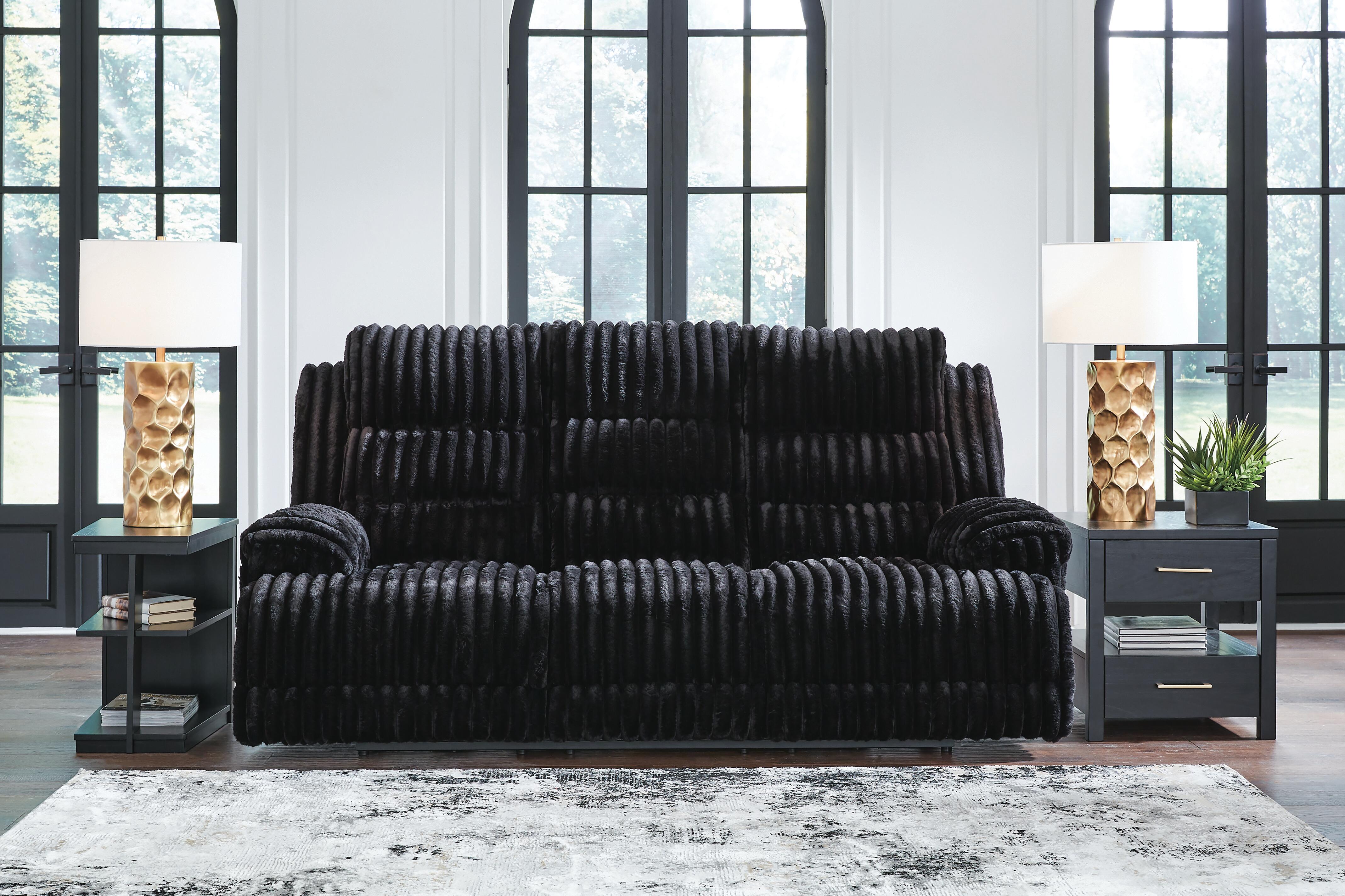 Dar Furniture - Ashley Furniture - Rhines Falls Power Reclining Sofa with Drop Down Table - REC PWR Sofa w/Drop Down Table / Onyx - PC4280599