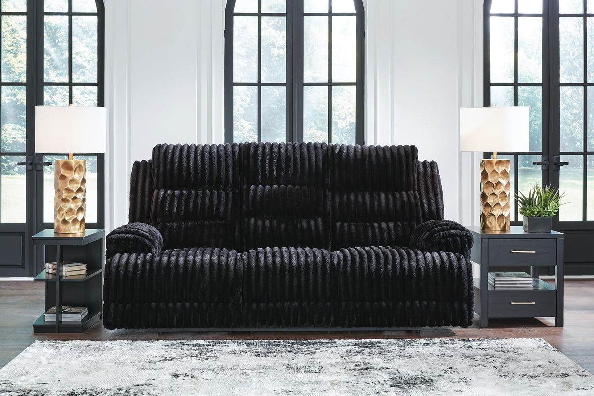 Dar Furniture - Ashley Furniture - Rhines Falls Power Reclining Sofa with Drop Down Table - REC PWR Sofa w/Drop Down Table / Onyx - PC4280599