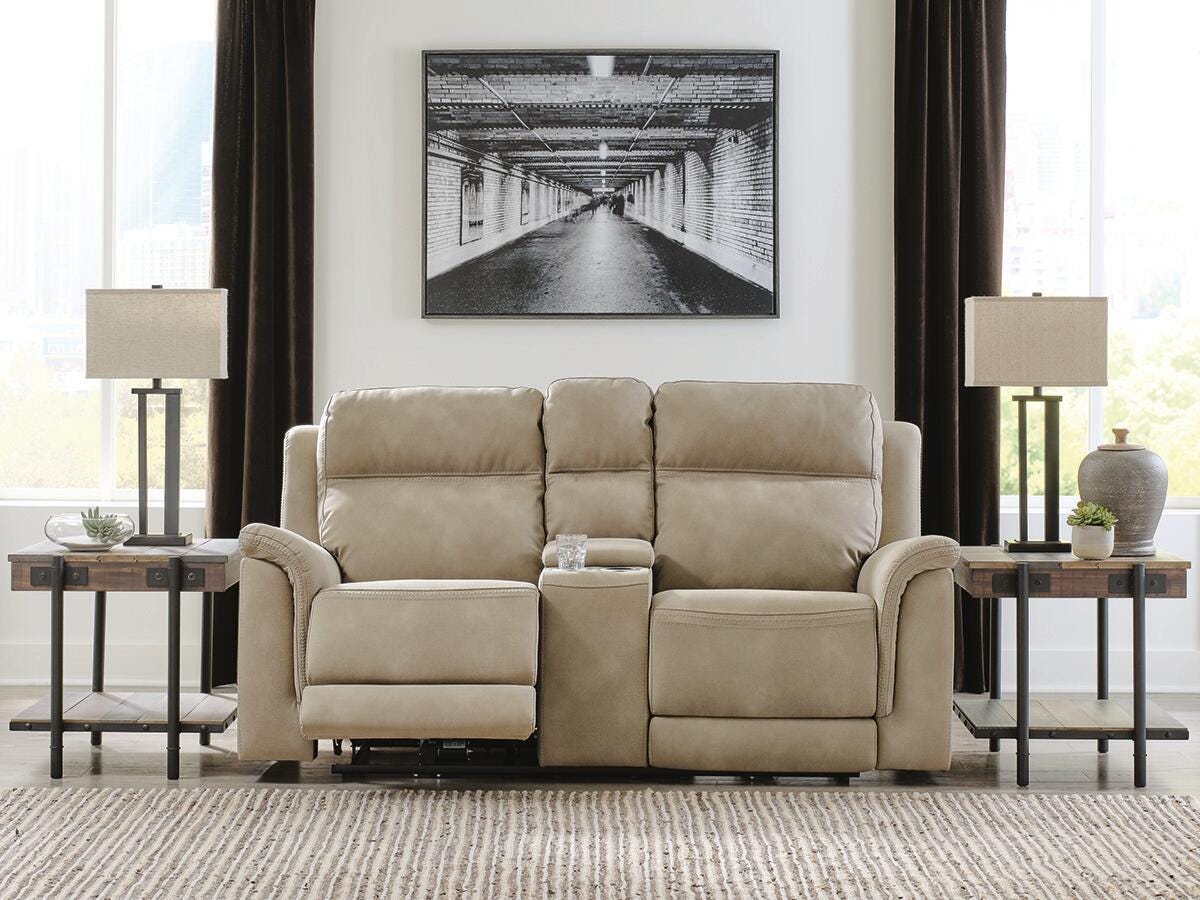 Dar Furniture - Ashley Furniture - Next-Gen Durapella Power Reclining Loveseat with Console - PWR REC Loveseat/CON/ADJ HDRST / Sand - 5930218