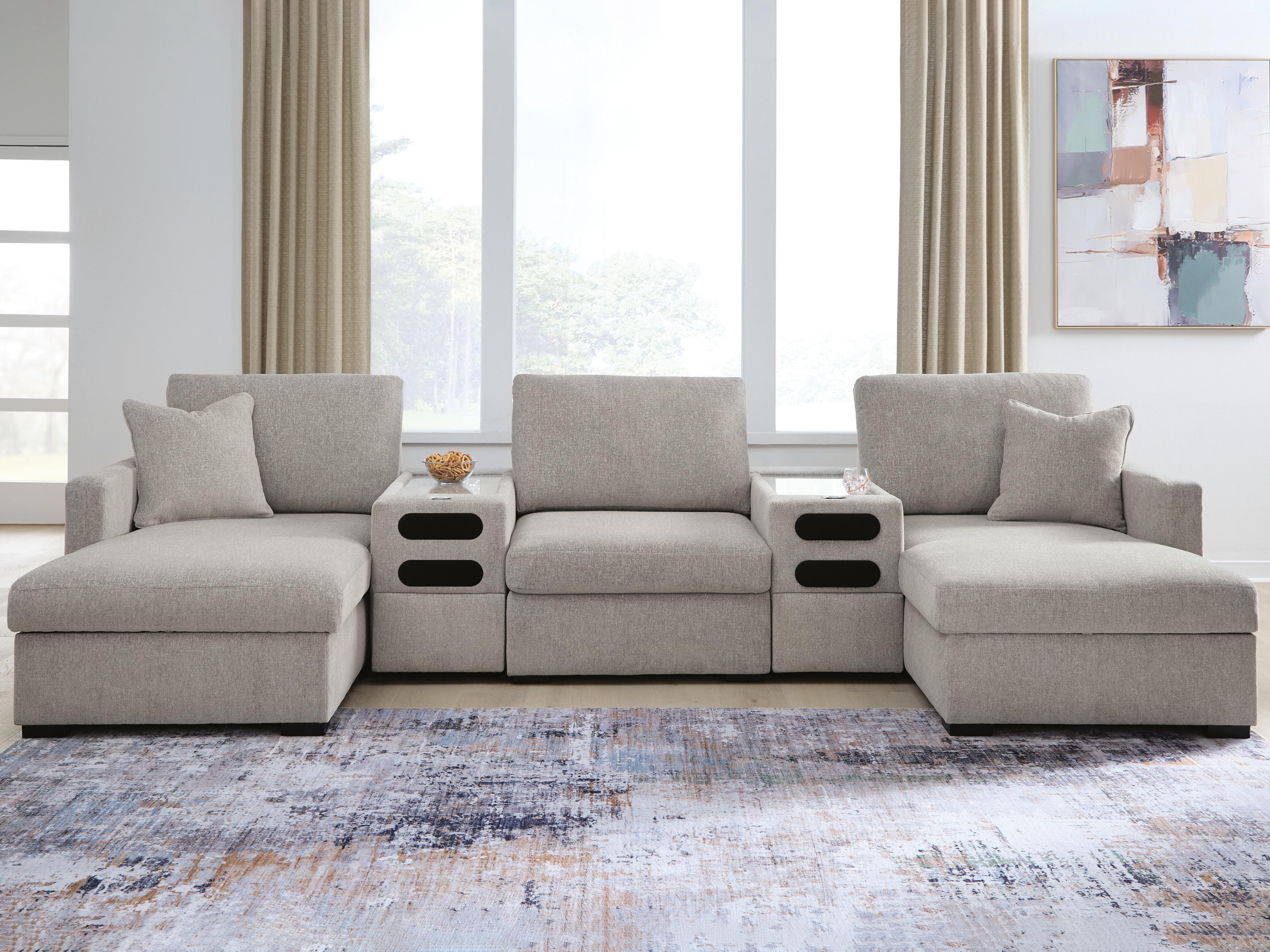 Dar Furniture - Ashley Furniture - ModMax Luxe 5-Piece Double Chaise Sectional with Audio Consoles - RAF 5-Piece Double Chaise Sectional with Audio Consoles / Flint - 68605S43