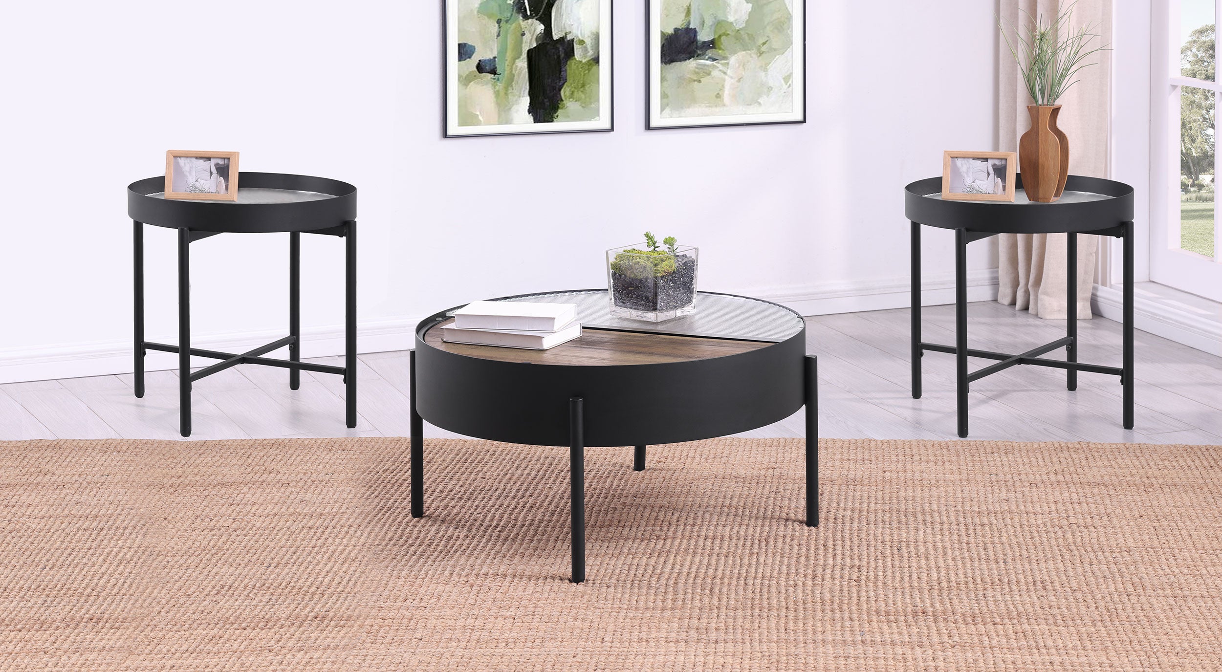 Dar Furniture - Coaster - Ozella 3-piece Round Coffee and End Table Set Sandy Black - 707898-S3