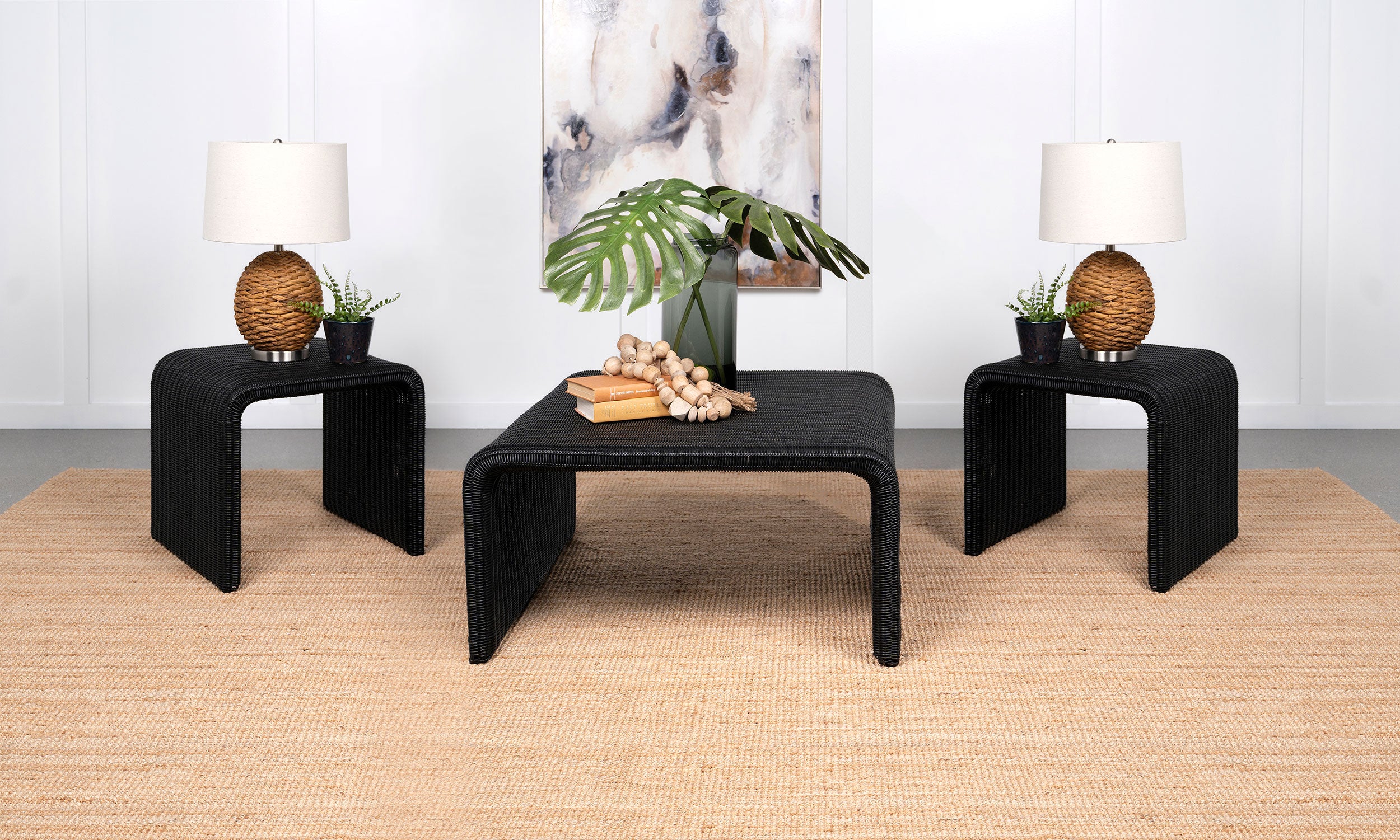Dar Furniture - Coaster - Cahya 3-piece Rattan Coffee and End Table Set Black - 708518-S3