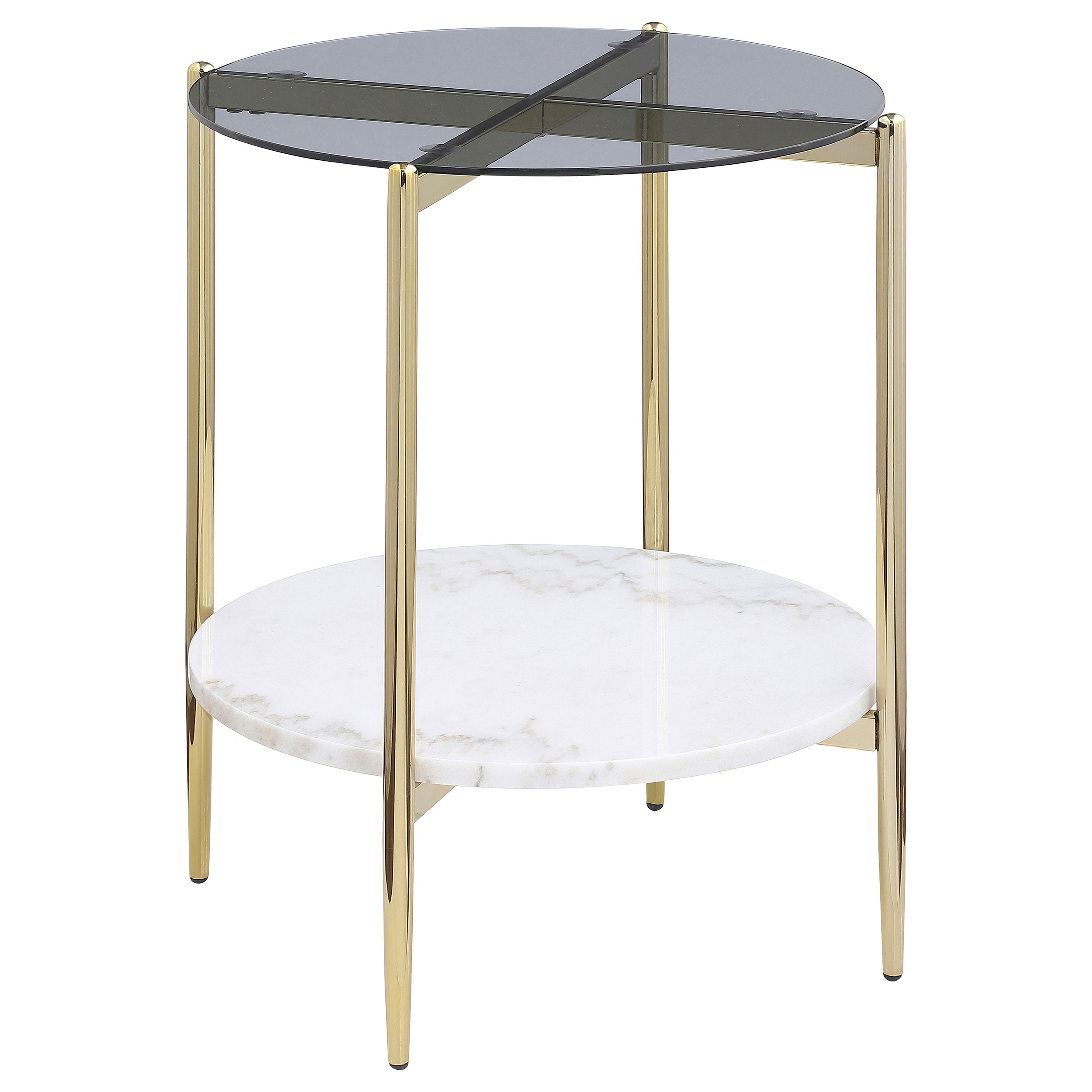 Dar Furniture - Coaster - Jonelle Round Glass Top End Table White Marble Shelf Gold - 710337