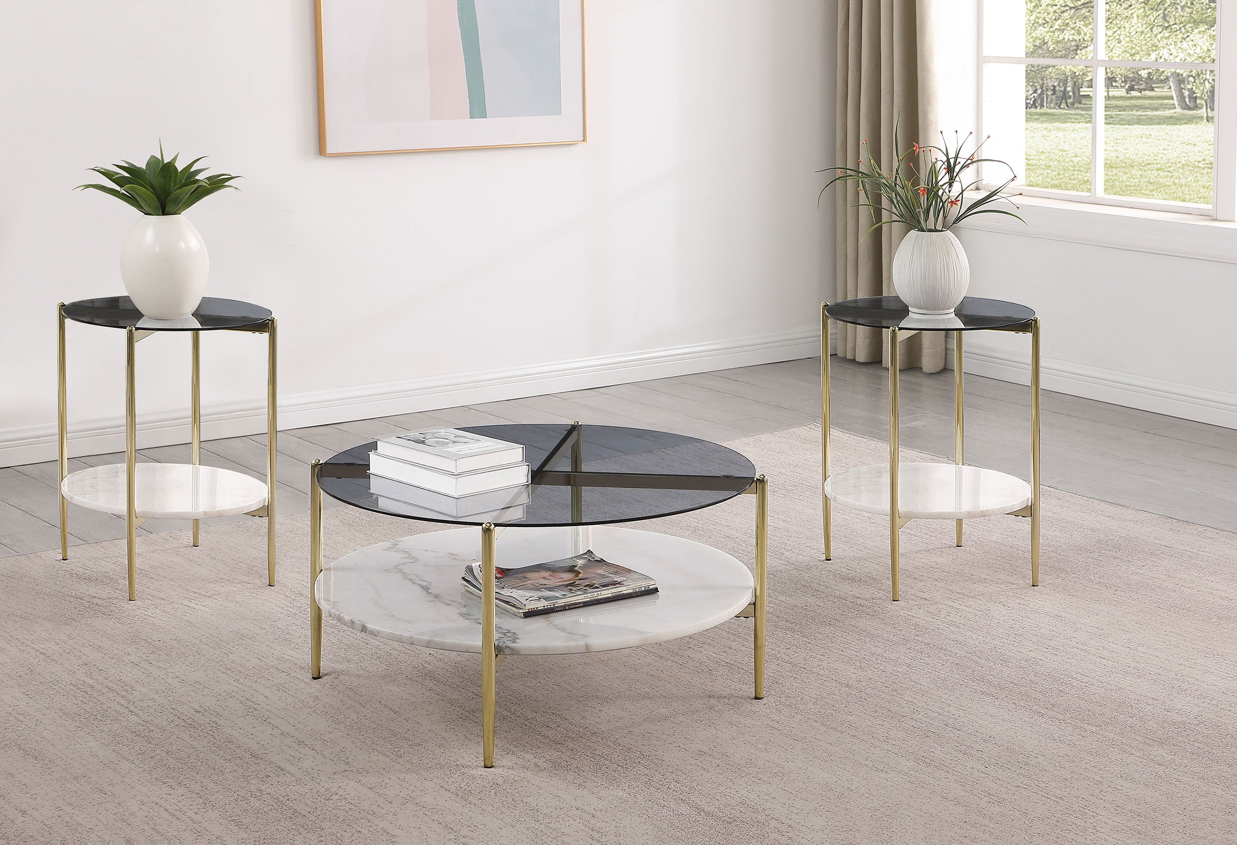 Dar Furniture - Coaster - Jonelle 3-piece Round Coffee and End Table Set Gold - 710338-S3