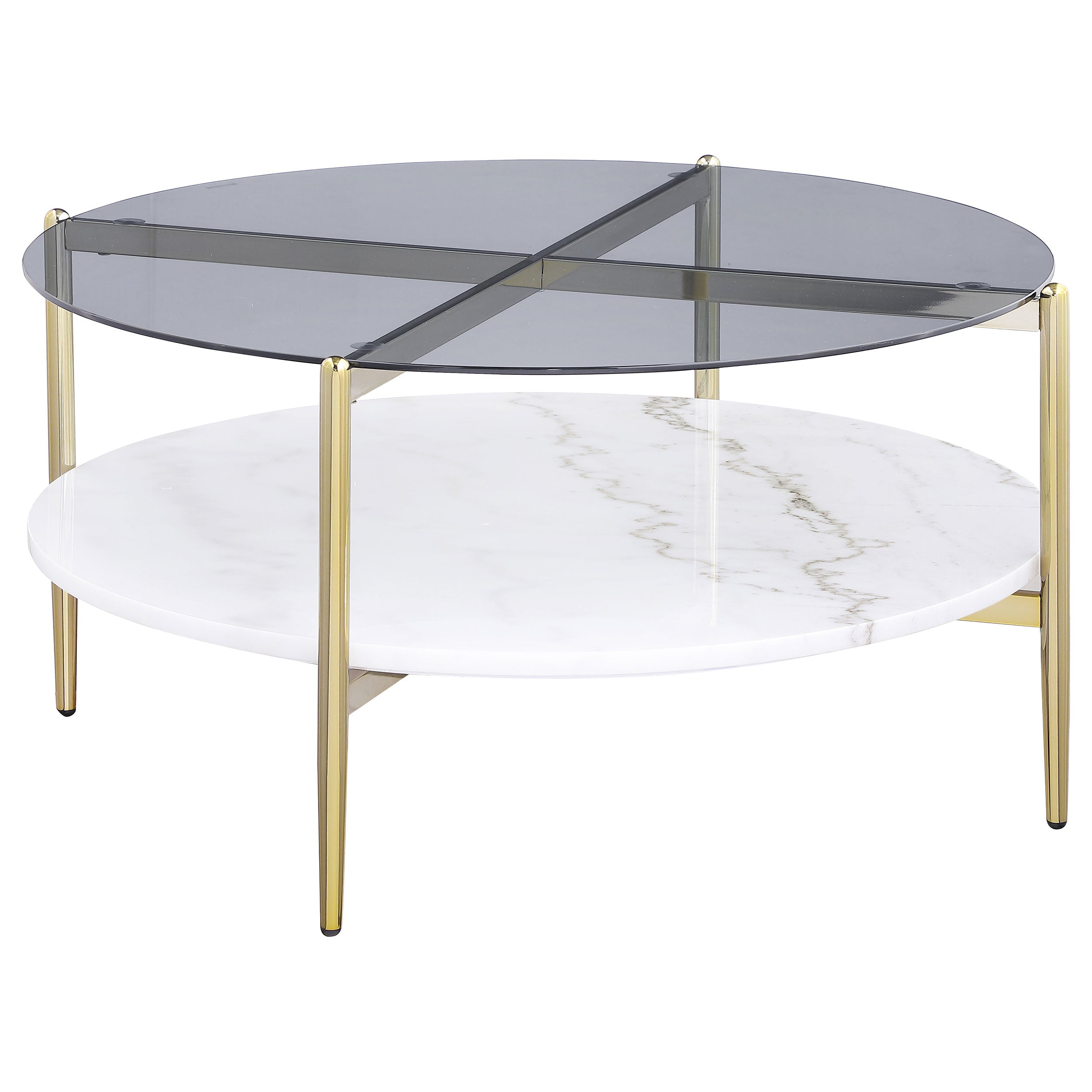Dar Furniture - Coaster - Jonelle Round Glass Top Coffee Table White Marble Shelf Gold - 710338