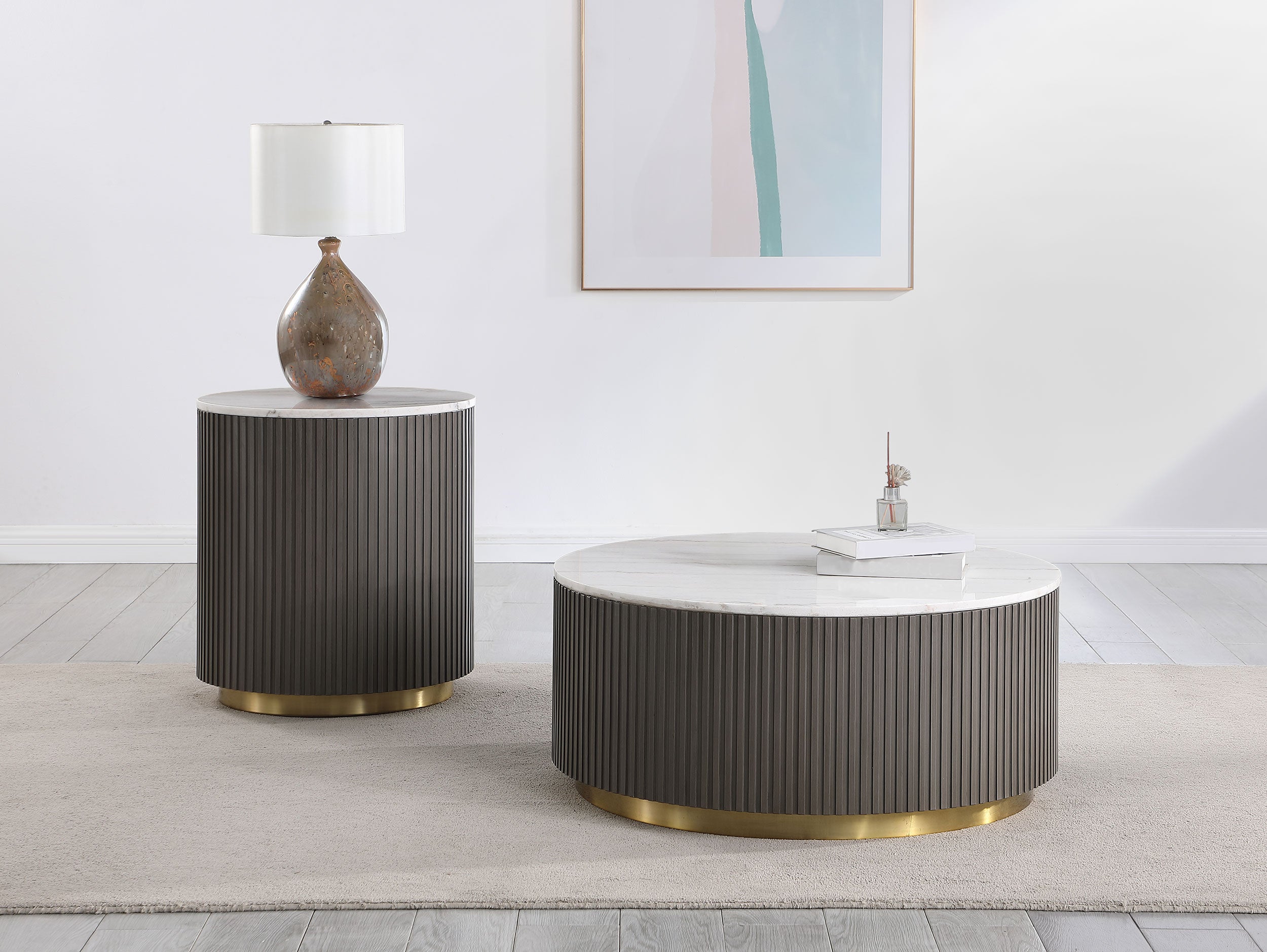 Dar Furniture - Coaster - Jason 2-piece Round White Marble Coffee Table Set Charcoal - 710418-S2