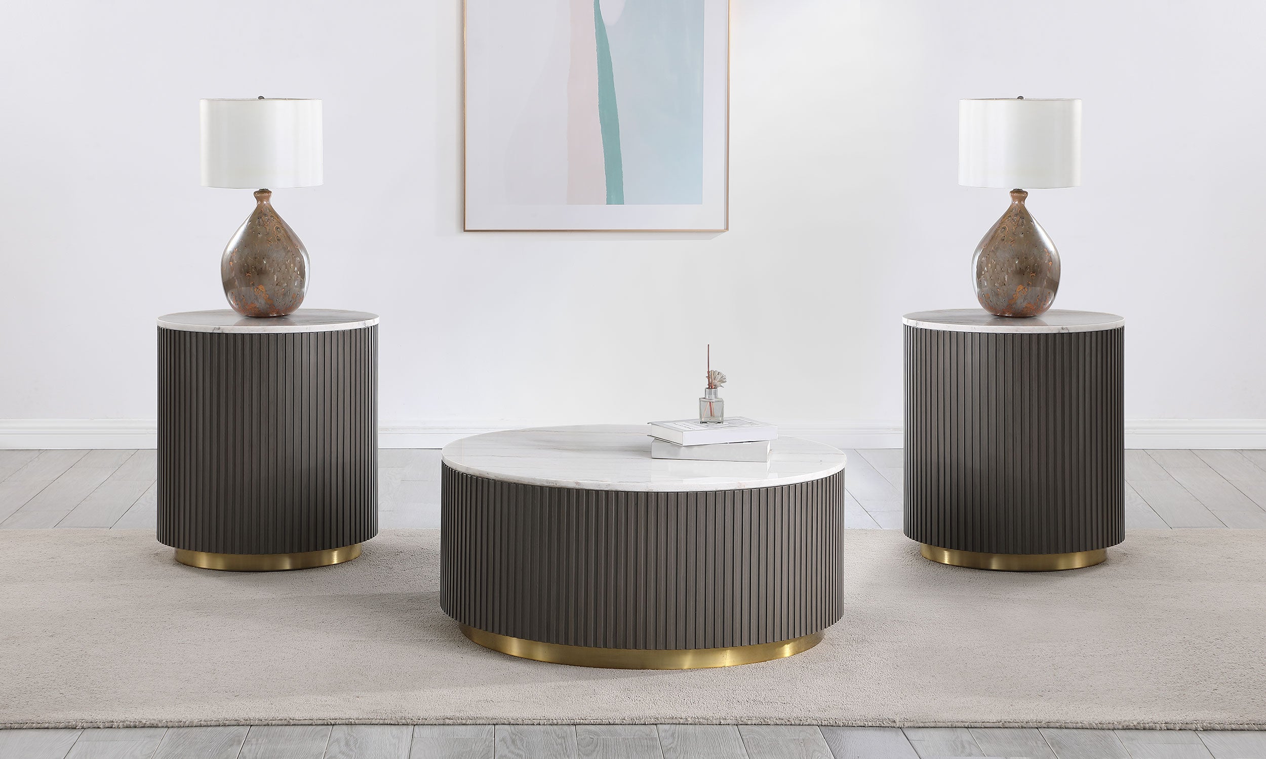 Dar Furniture - Coaster - Jason 3-piece Round White Marble Coffee Table Set Charcoal - 710418-S3