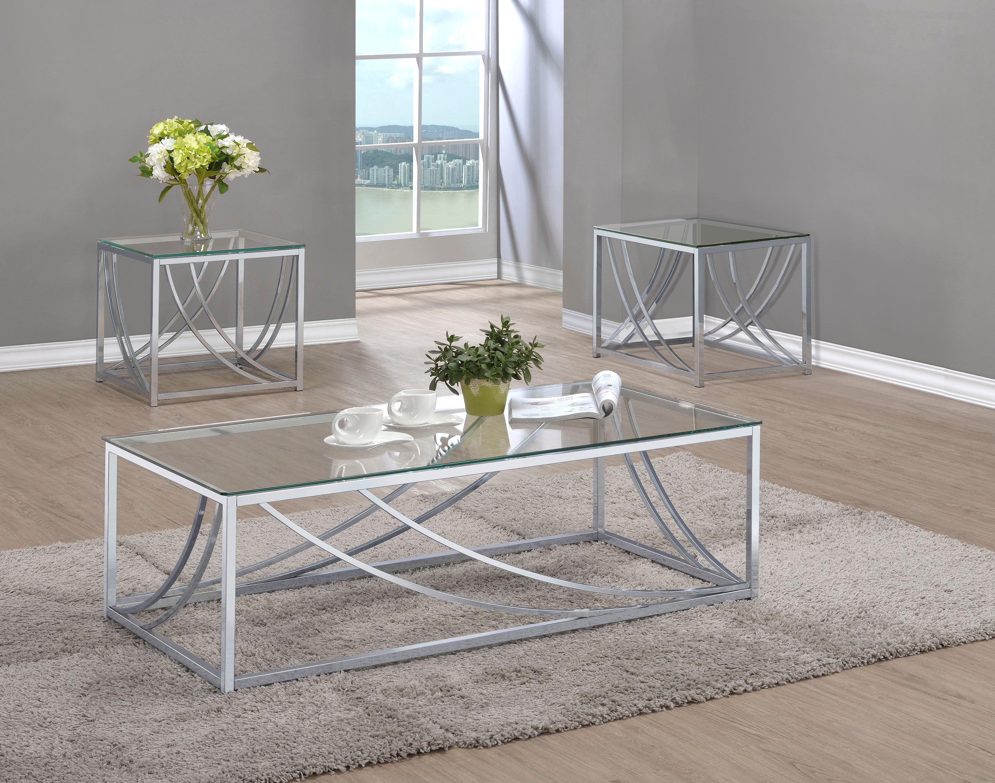 Dar Furniture - Coaster - Lille 3-piece Glass Top Coffee And End Table Set Chrome - 720498-S3