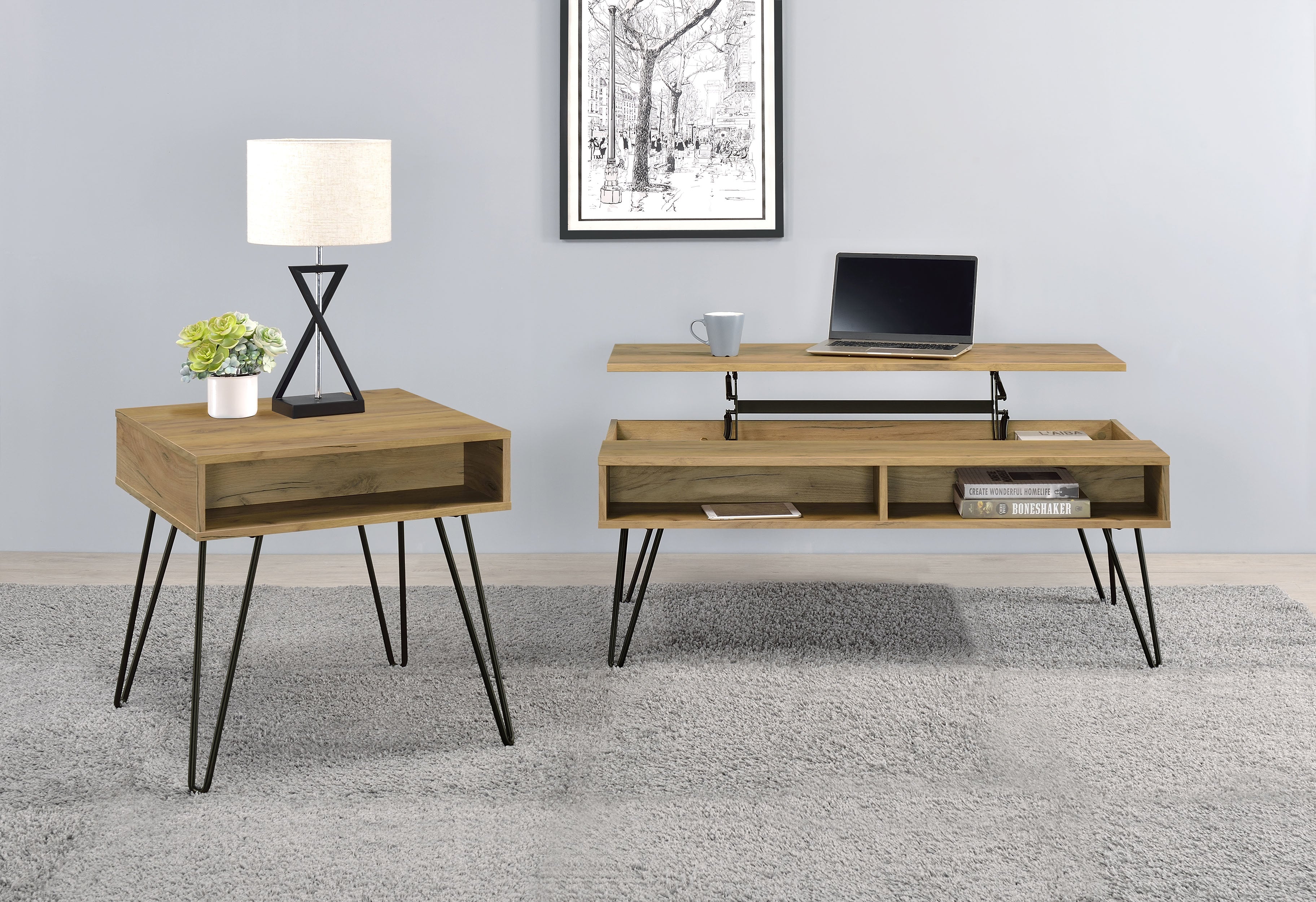 Dar Furniture - Coaster - Fanning 2-piece Lift Top Coffee and End Table Set Golden Oak - 723368-S2