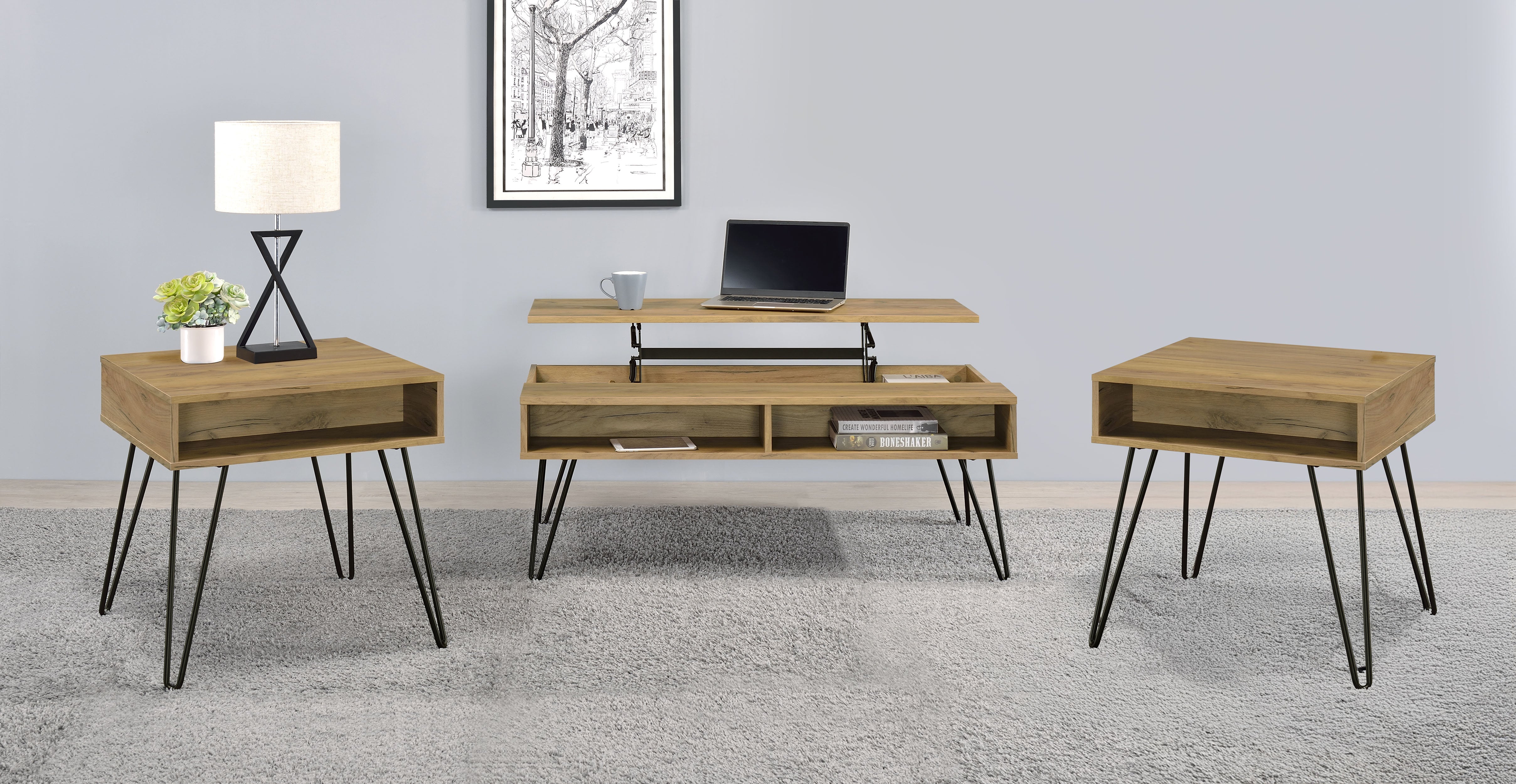 Dar Furniture - Coaster - Fanning 3-piece Lift Top Coffee and End Table Set Golden Oak - 723368-S3