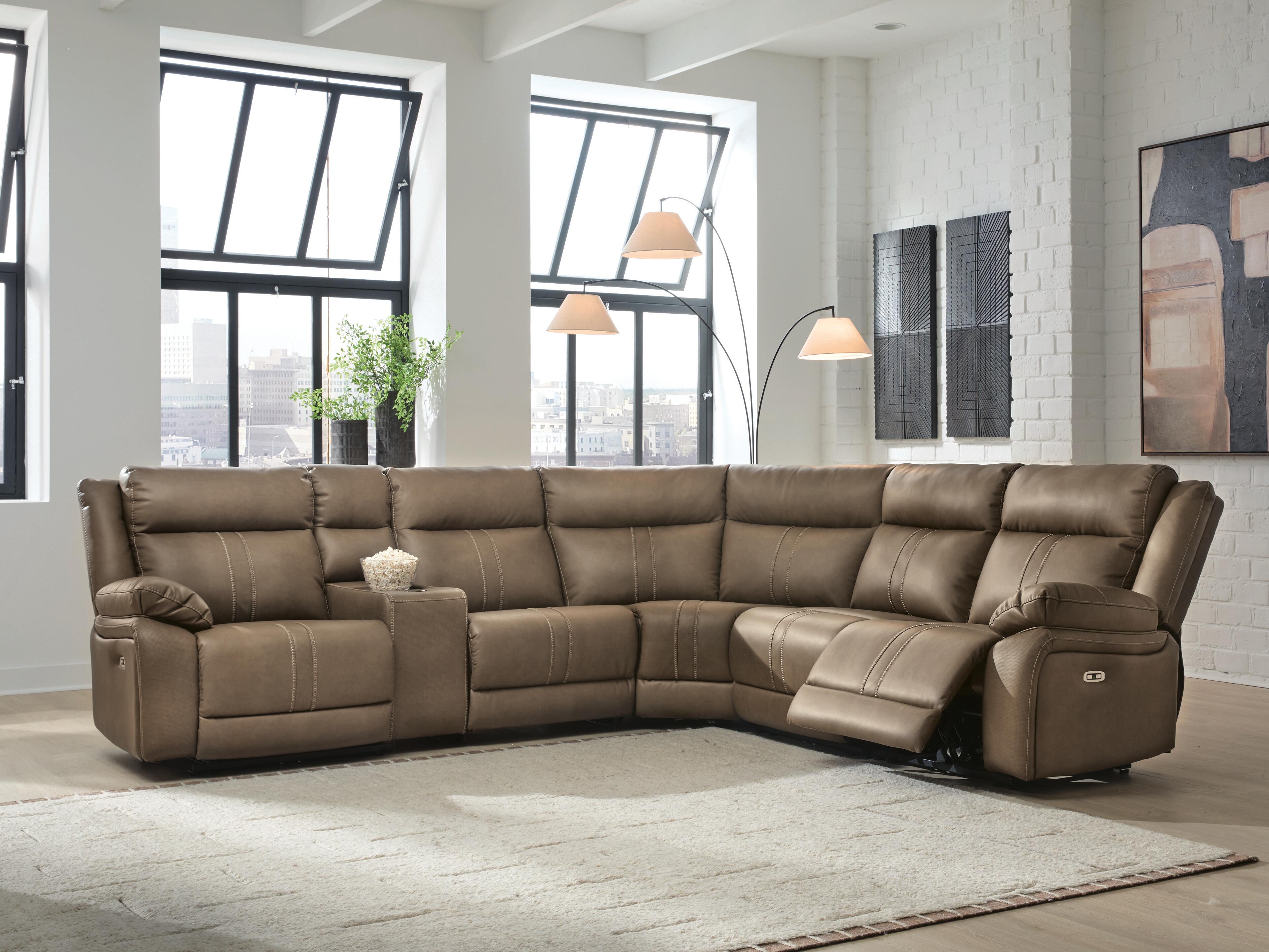 Dar Furniture - Ashley Furniture - Max-Momentum 6-Piece Power Reclining Sectional with Audio Console - 6-Piece Power Reclining Sectional with Audio Console / Biscotti - PC82305S5