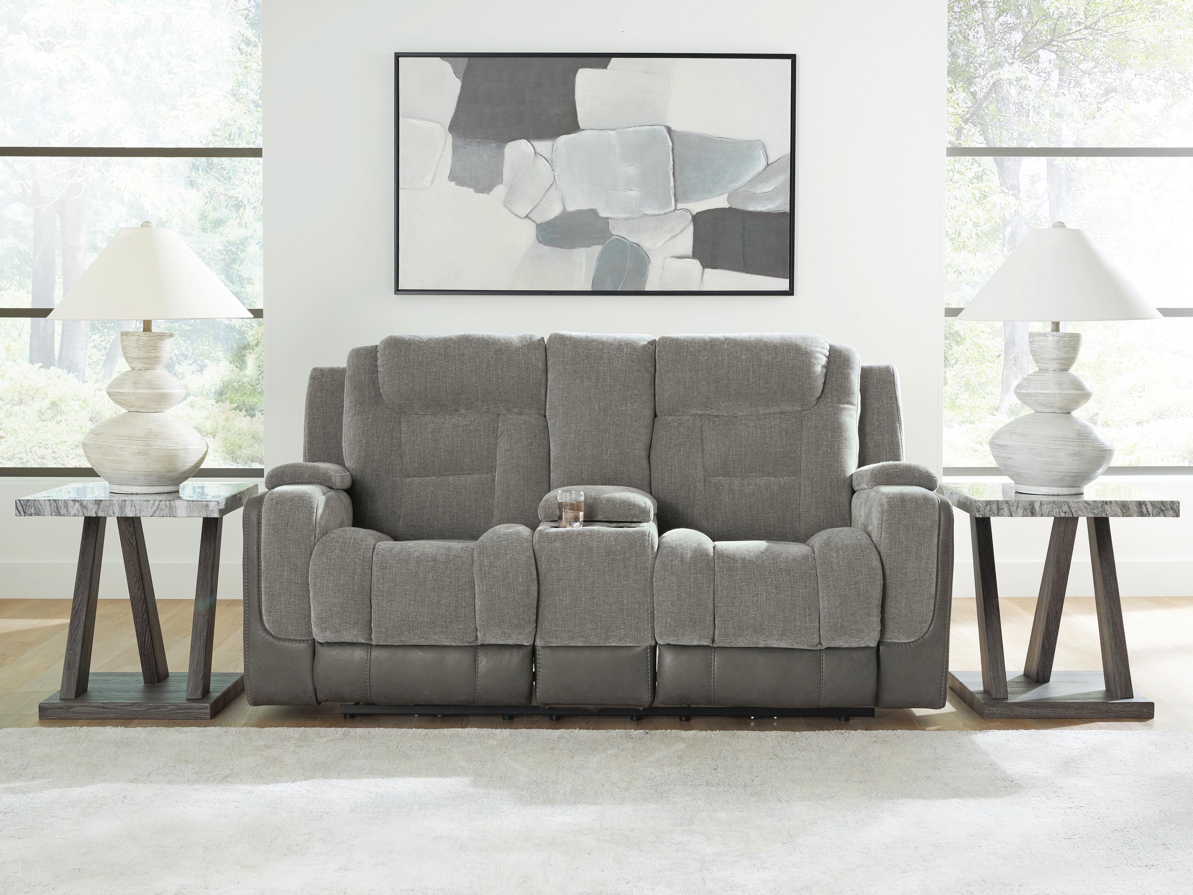 Dar Furniture - Ashley Furniture - Mixed Motion Power Reclining Loveseat with Console - PWR REC Loveseat/CON/ADJ HDRST / Shadow - PC8350518