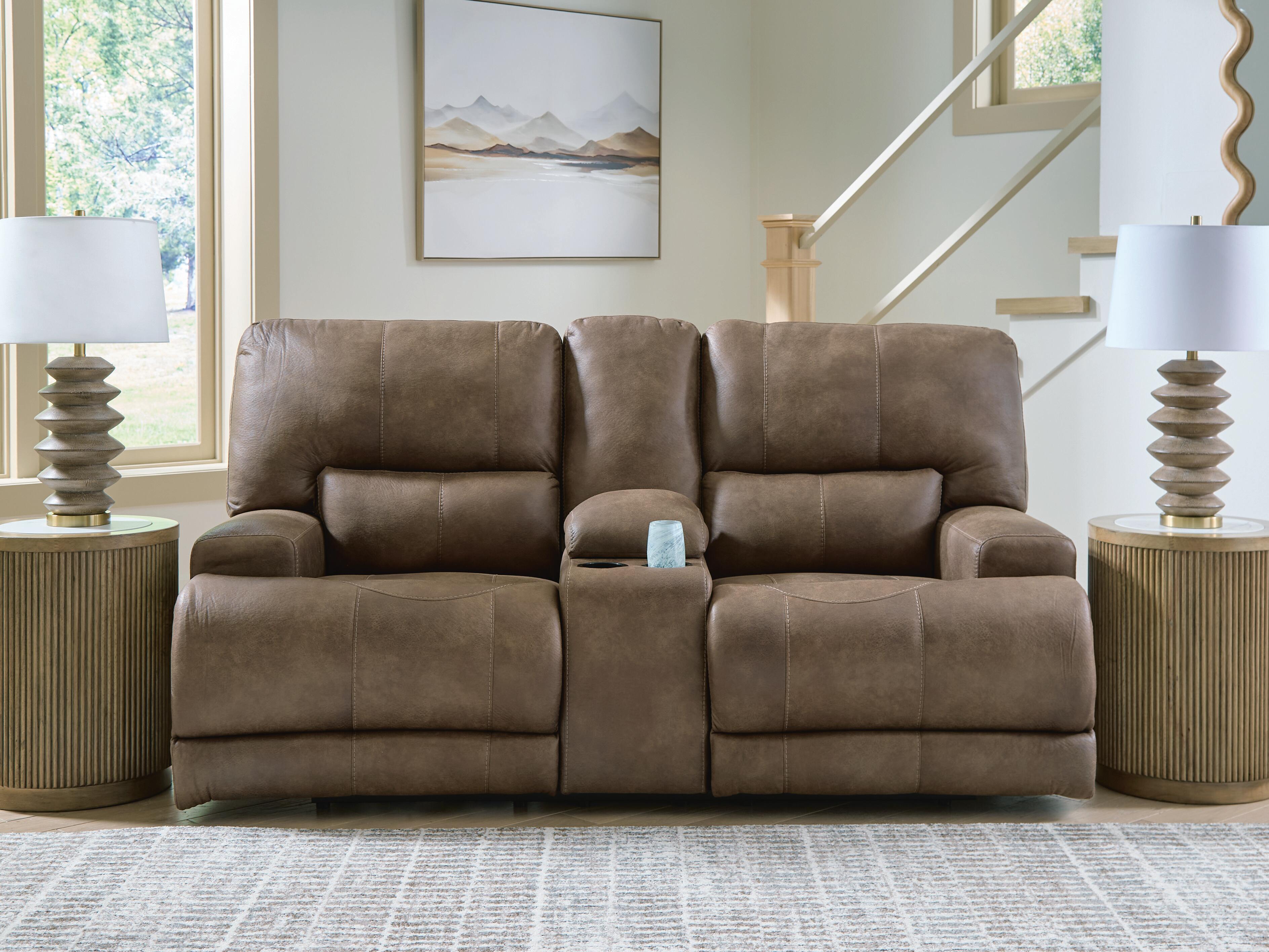 Dar Furniture - Ashley Furniture - Beckley Place Power Reclining Loveseat with Console - PWR REC Loveseat/CON/ADJ HDRST / Earth - PC9180218