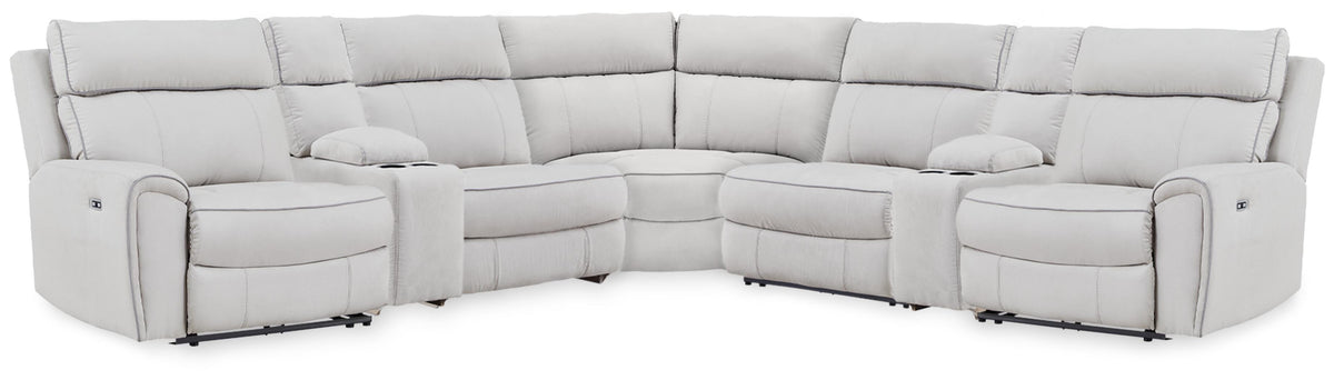 Dar Furniture - Ashley Furniture - Social Pointe 7-Piece Reclining Sectional with Storage Consoles - 7-Piece Reclining Sectional with Storage Consoles / Pearl/Ash - PC98802S34