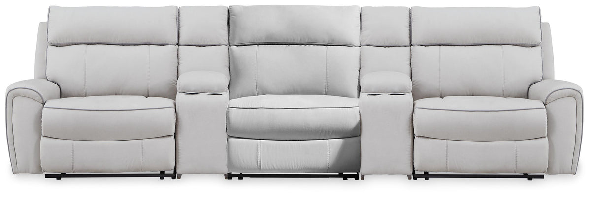 Dar Furniture - Ashley Furniture - Social Pointe 5-Piece Reclining Sectional with Storage Consoles - 5-Piece Reclining Sectional with Storage Consoles / Pearl/Ash - PC98802S39