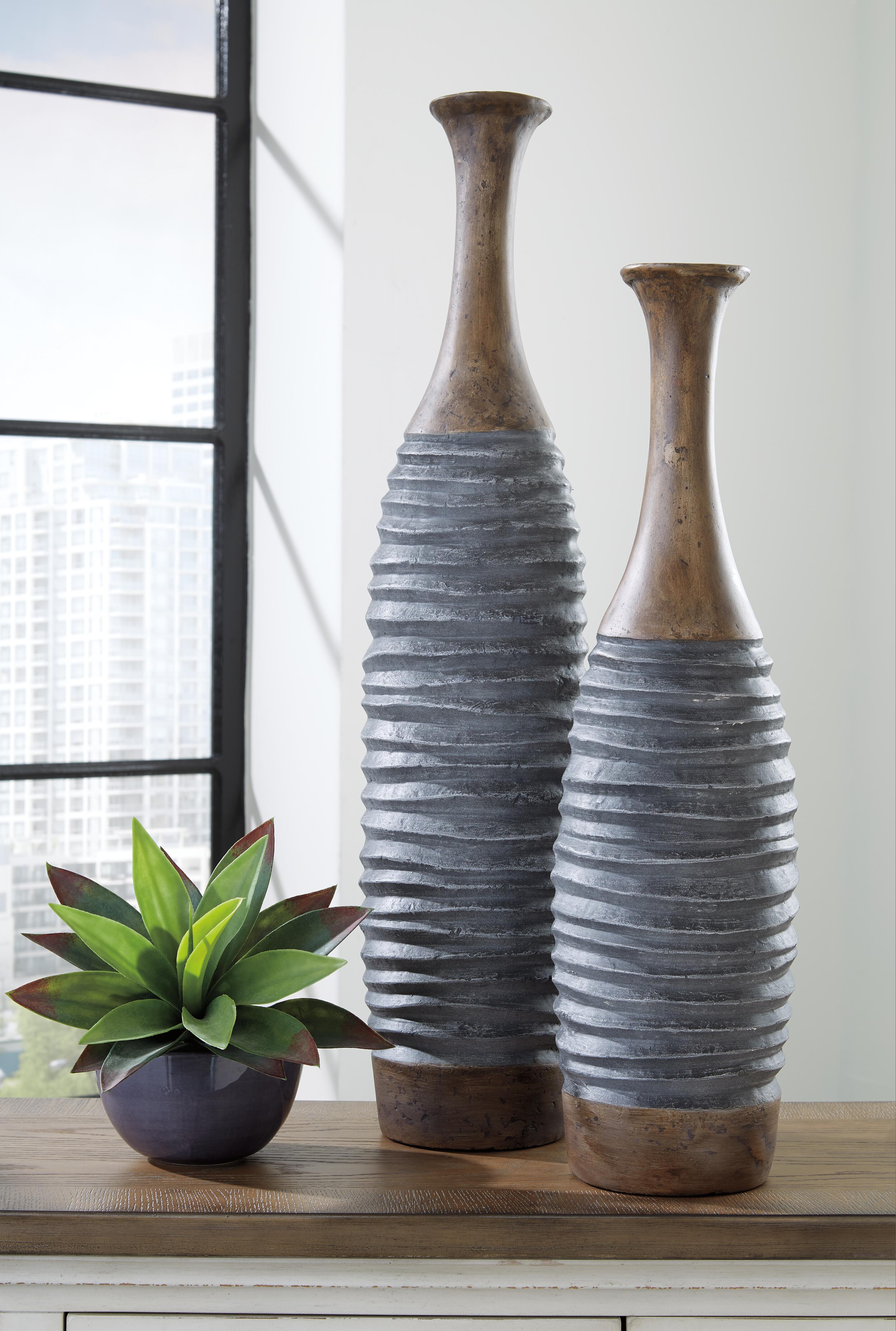 Dar Furniture - Ashley Furniture - Blayze Vase (Set of 2) - Vase Set (Set of 2) / Antique Gray/Brown - A2000388