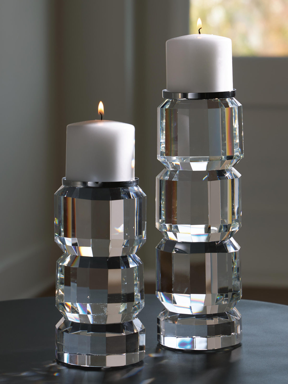 Dar Furniture - Ashley Furniture - Brentley Candle Holder Set (Set of 2) - Candle Holder Set (Set of 2) / Clear/Silver Finish - A2000770