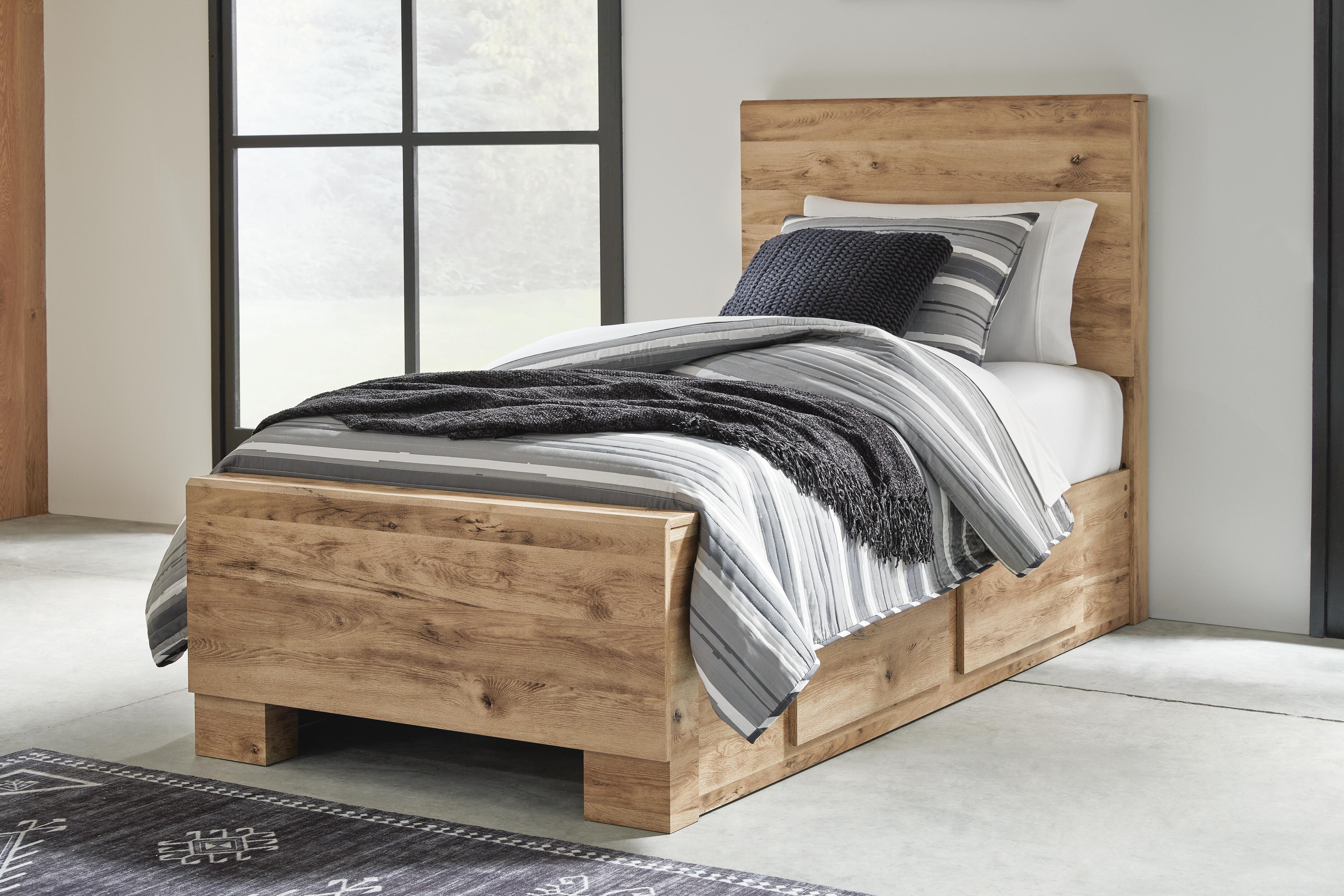 Dar Furniture - Ashley Furniture - Hyanna Twin Panel Bed with 1 Side Storage - Twin Panel Bed with 1 Side Storage / Tan Brown - B1050B24