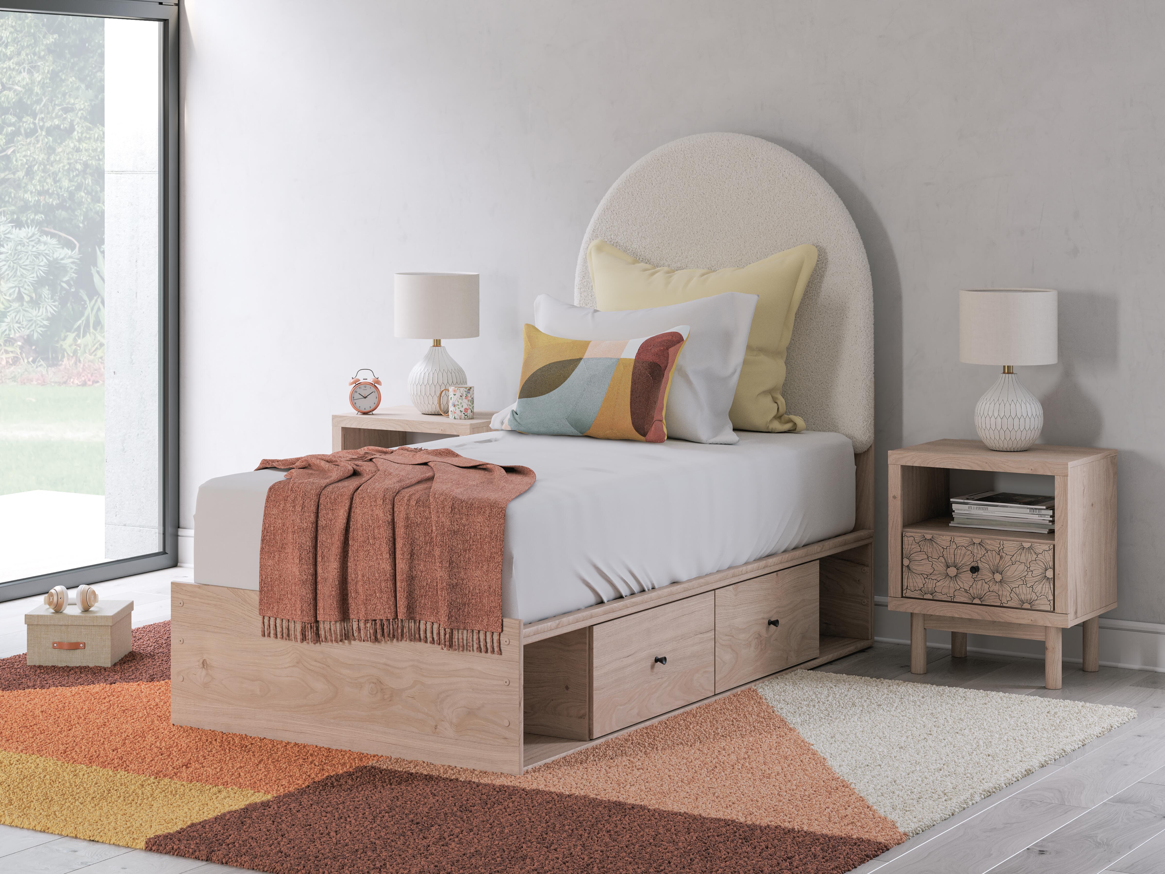 Dar Furniture - Ashley Furniture - Arloster Twin Upholstered Panel Bed with Storage - Twin Upholstered Panel Bed with Storage / Tan/White - PCB1566B6
