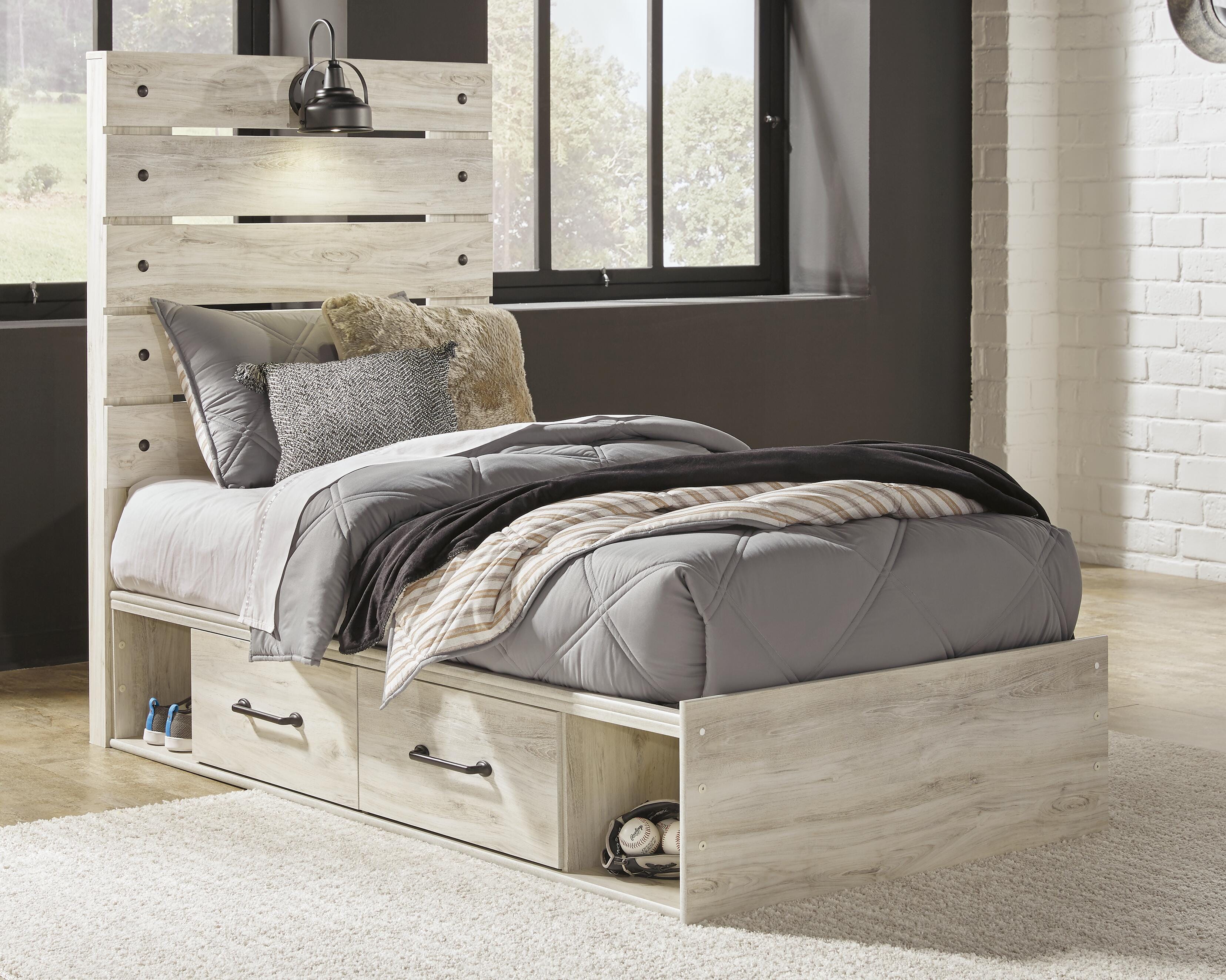 Dar Furniture - Ashley Furniture - Cambeck Twin Panel Bed with 2 Storage Drawers - Twin Panel Bed with 2 Storage Drawers / Whitewash - B192B13