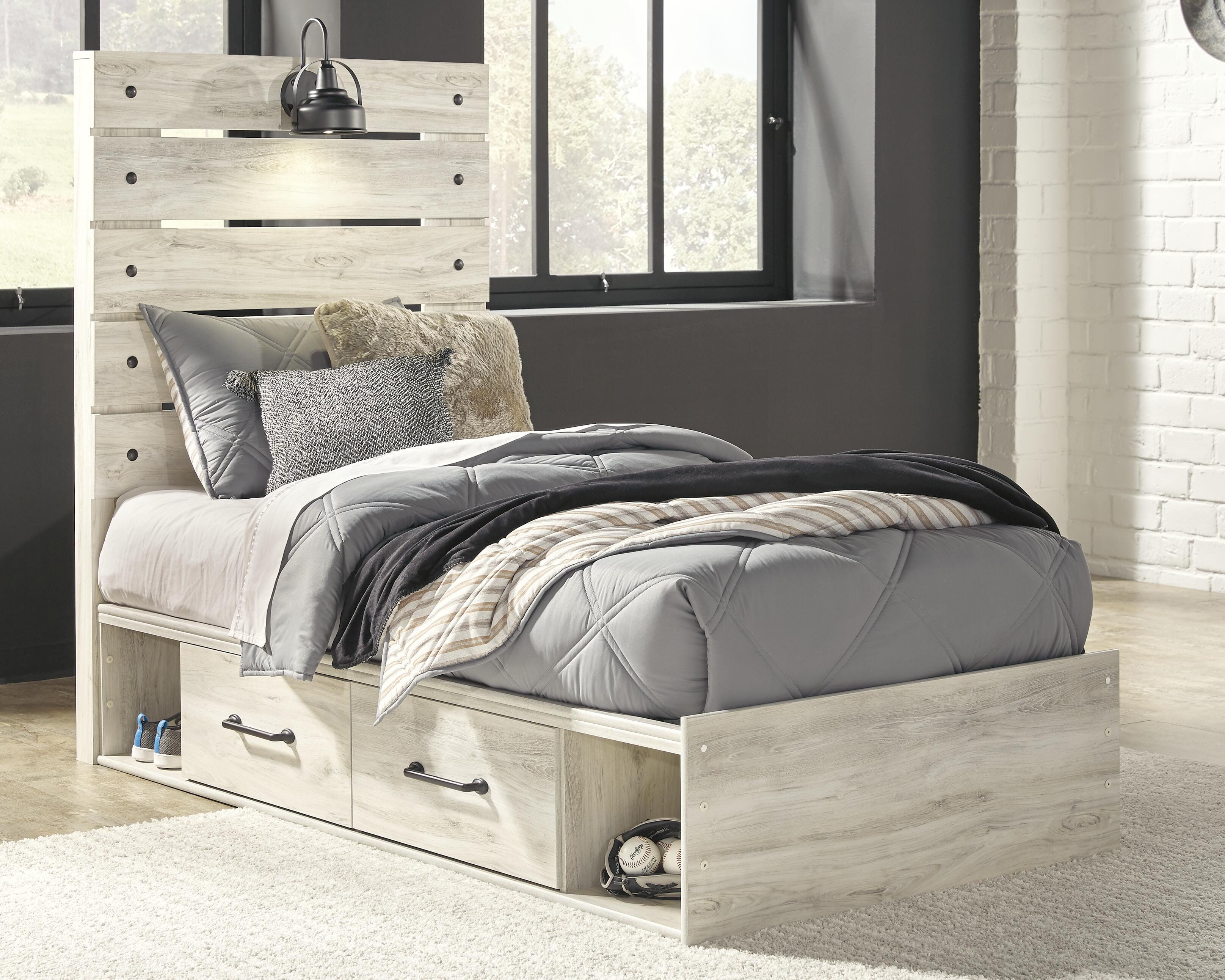 Dar Furniture - Ashley Furniture - Cambeck Twin Panel Bed with 4 Storage Drawers - Twin Panel Bed with 4 Storage Drawers / Whitewash - B192B21