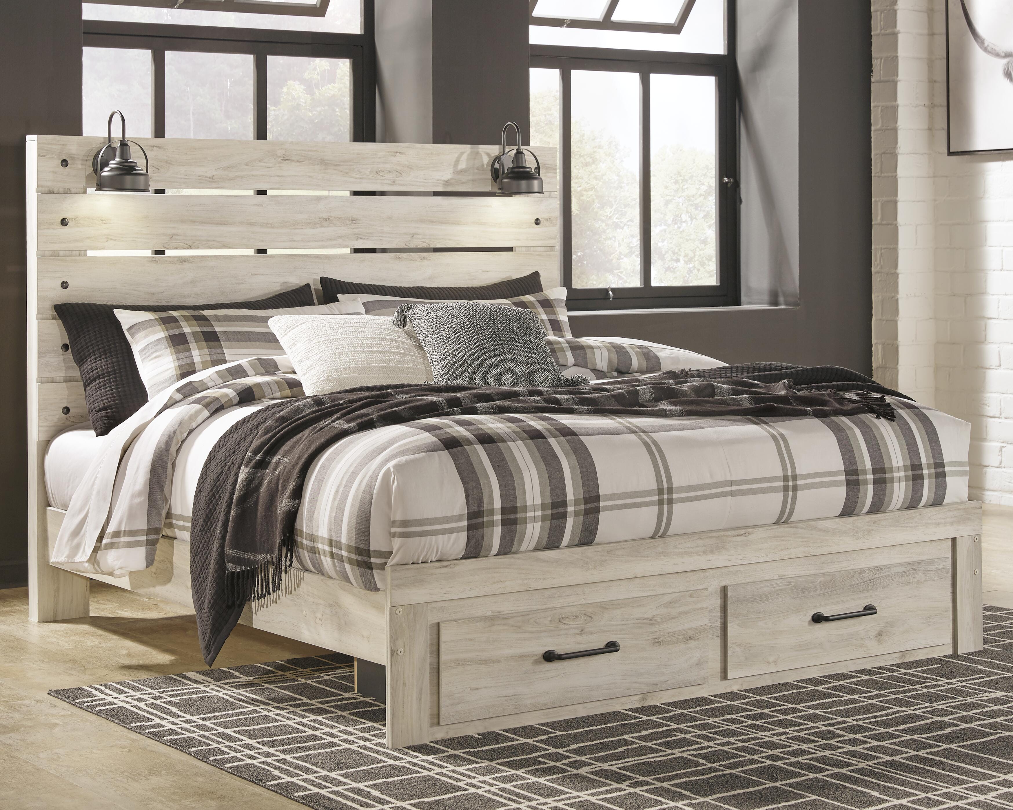 Dar Furniture - Ashley Furniture - Cambeck King Panel Bed with 2 Storage Drawers - King Panel Bed with 2 Storage Drawers / Whitewash - B192B31