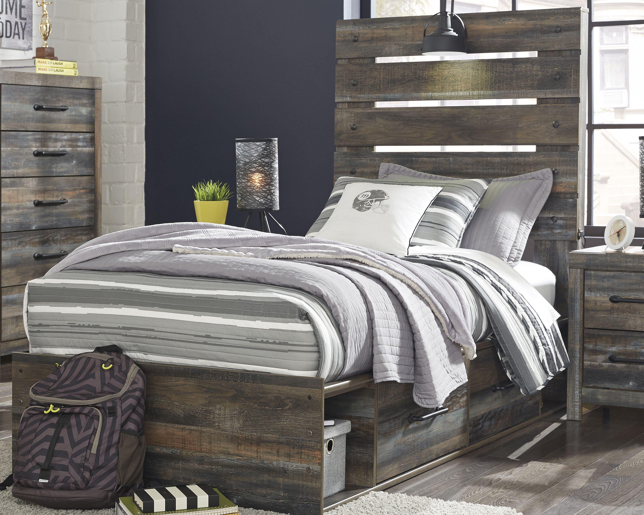 Dar Furniture - Ashley Furniture - Drystan Twin Panel Bed with 4 Storage Drawers - Twin Panel Bed with 4 Storage Drawers / Multi - B211B11