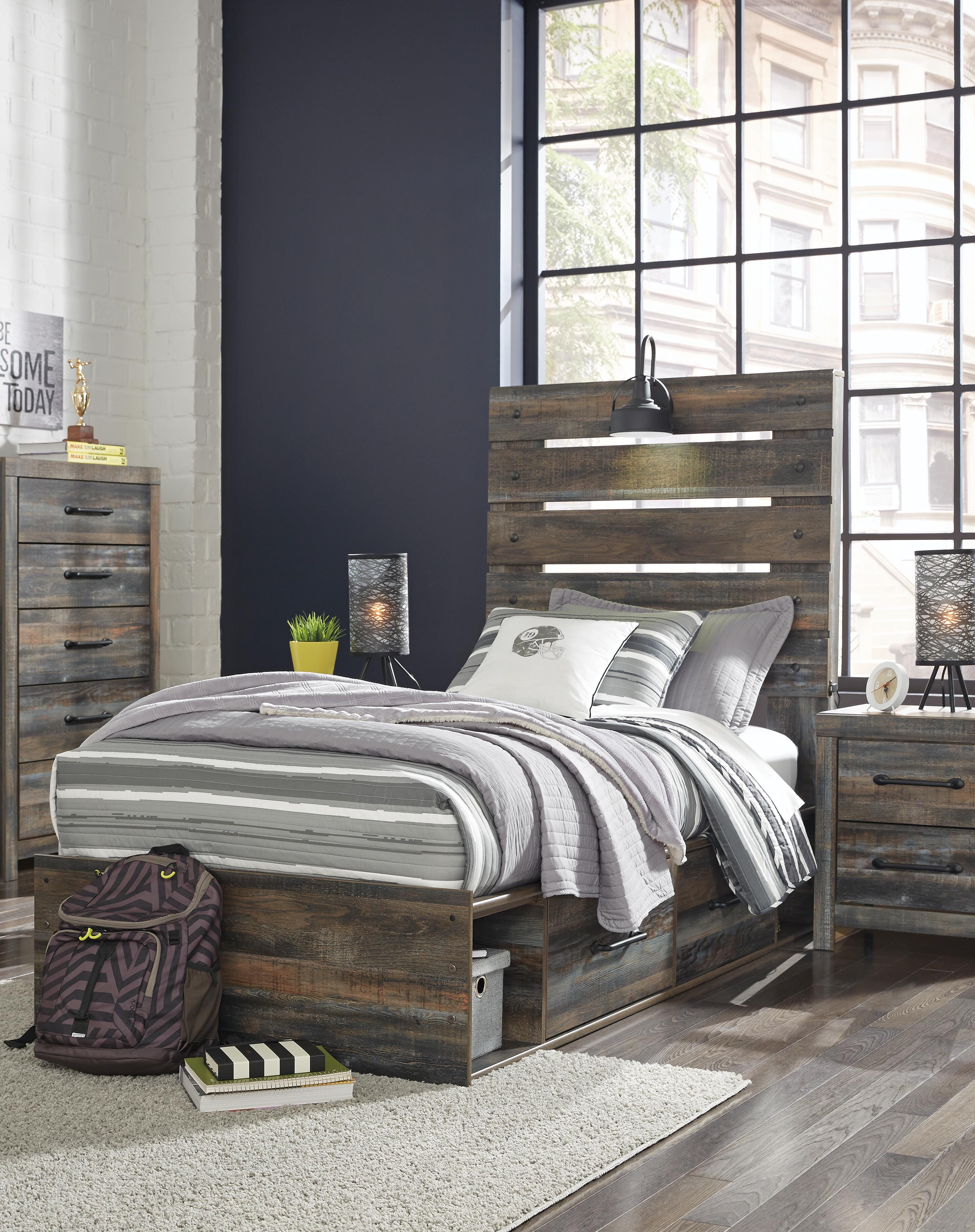 Dar Furniture - Ashley Furniture - Drystan Twin Panel Bed with 2 Storage Drawers - Twin Panel Bed with 2 Storage Drawers / Multi - B211B8