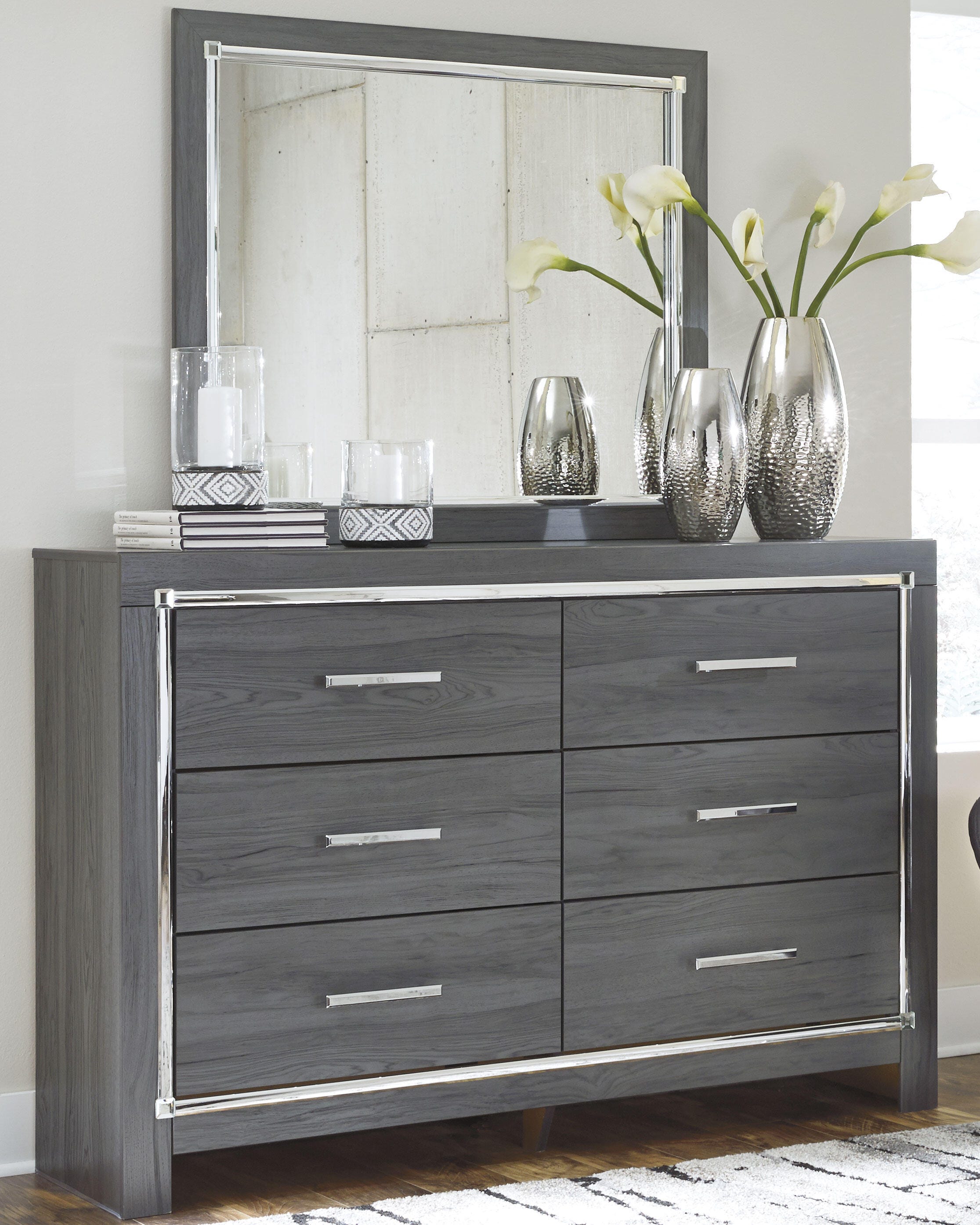 Dar Furniture - Ashley Furniture - Lodanna Dresser and Mirror - Dresser and Mirror / Gray - B214B1