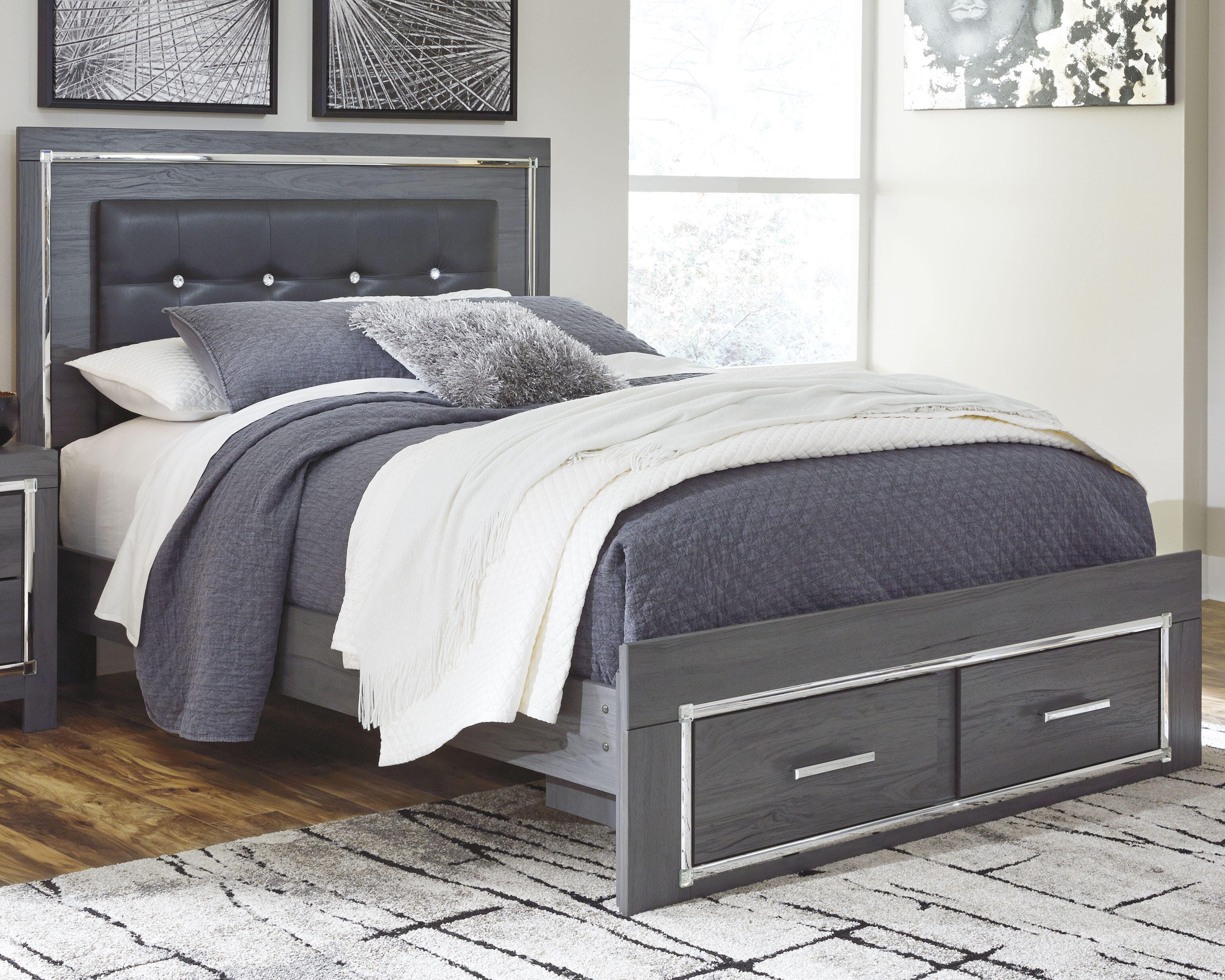 Dar Furniture - Ashley Furniture - Lodanna Queen Panel Bed with 2 Storage Drawers - Queen Panel Bed with 2 Storage Drawers / Gray - B214B3