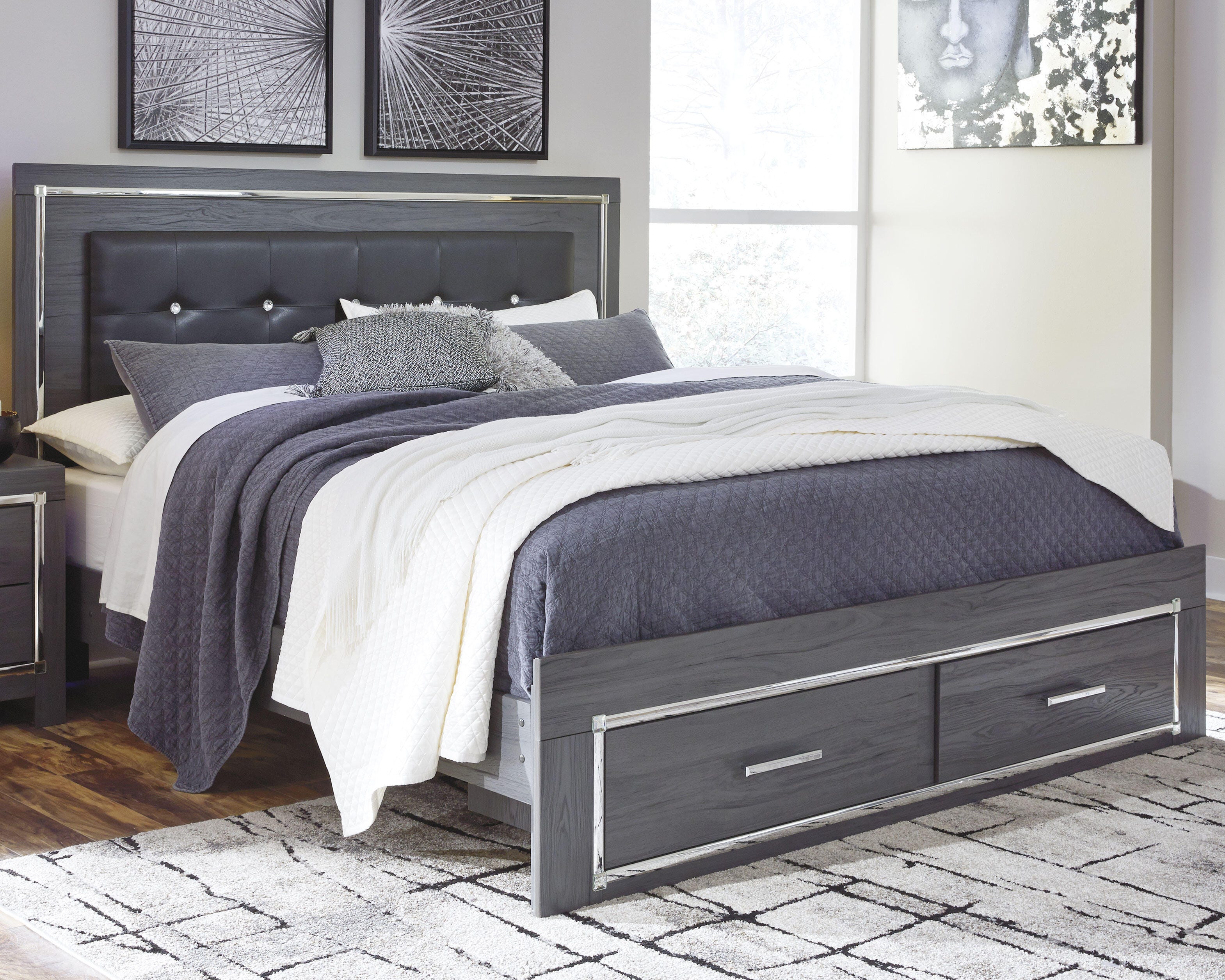 Dar Furniture - Ashley Furniture - Lodanna King Panel Bed with 2 Storage Drawers - King Panel Bed with 2 Storage Drawers / Gray - B214B11