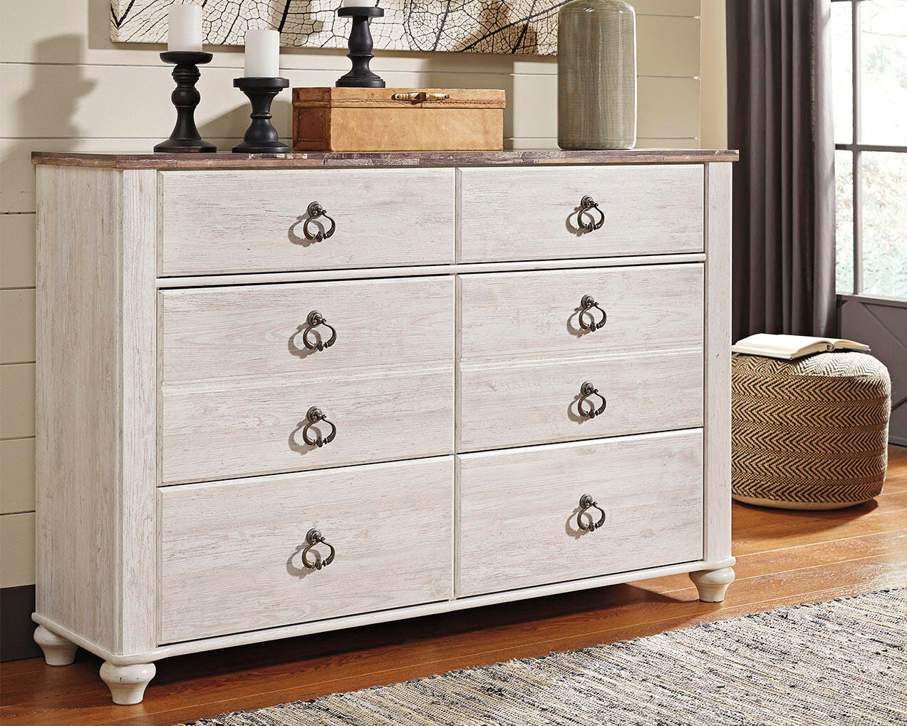 Dar Furniture - Ashley Furniture - Willowton Dresser - Six Drawer Dresser / Whitewash - B267-31
