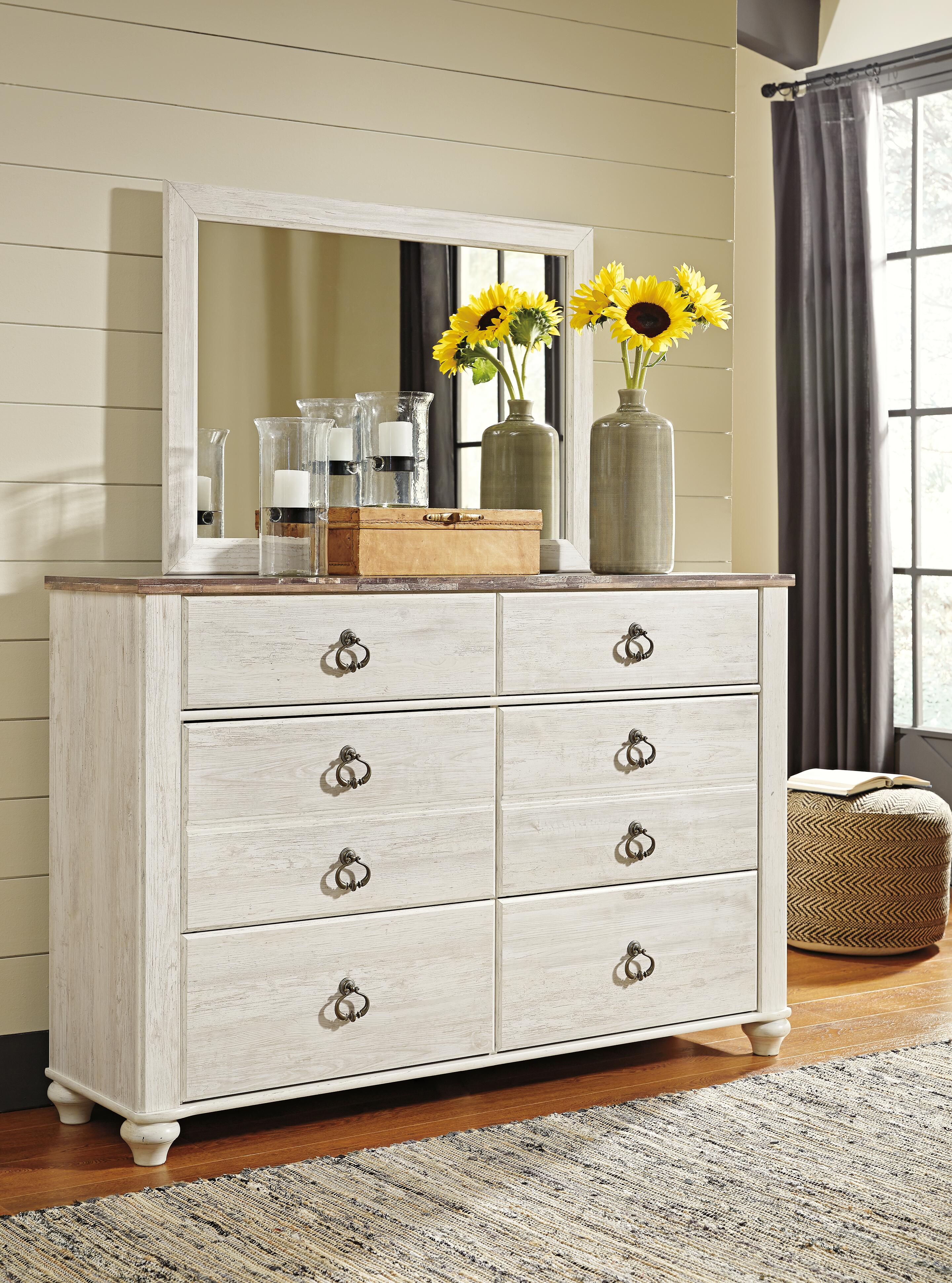 Dar Furniture - Ashley Furniture - Willowton Dresser and Mirror - Dresser and Mirror / Whitewash - B267B1