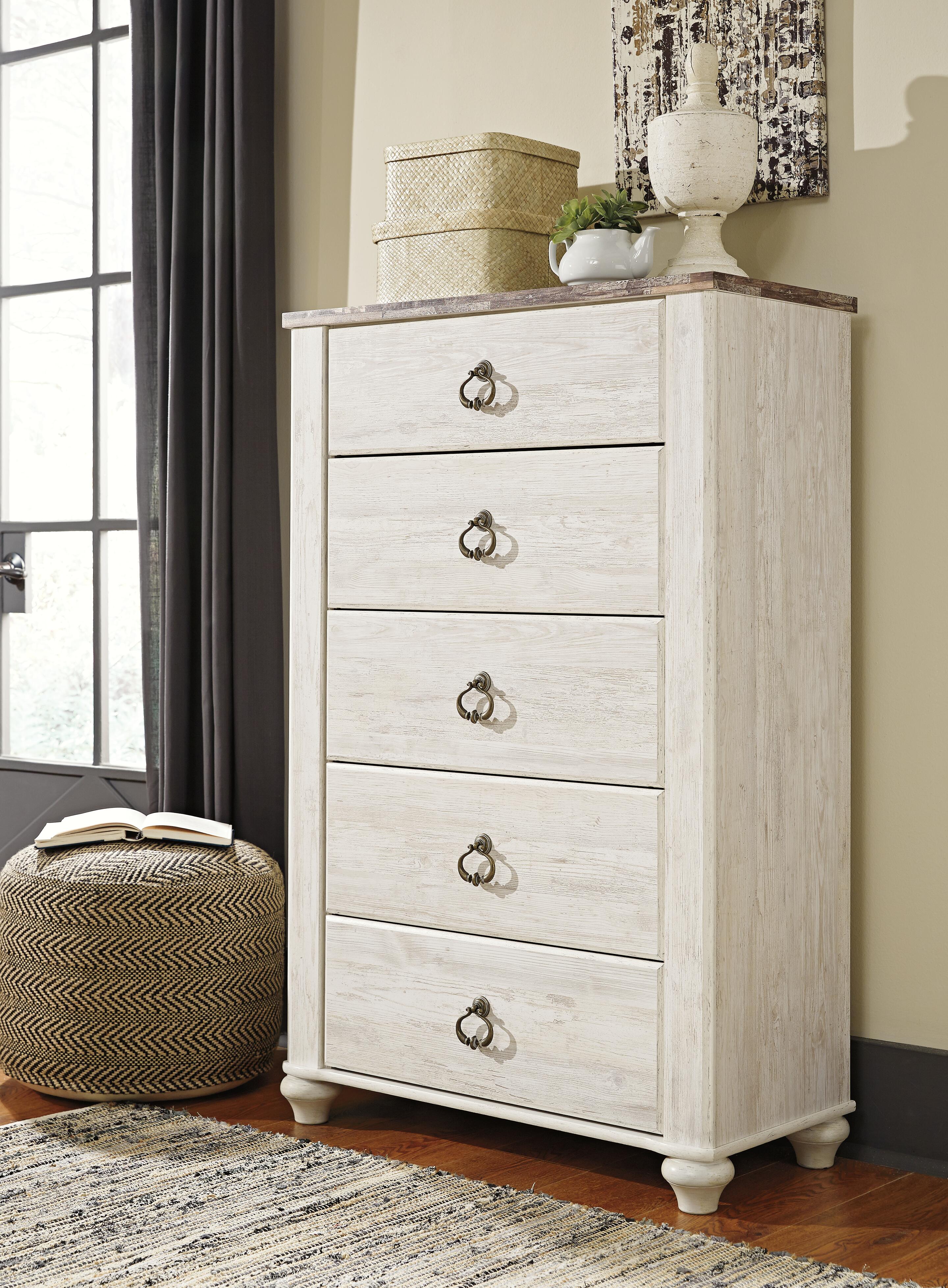 Dar Furniture - Ashley Furniture - Willowton Chest of Drawers - Five Drawer Chest / Whitewash - B267-46