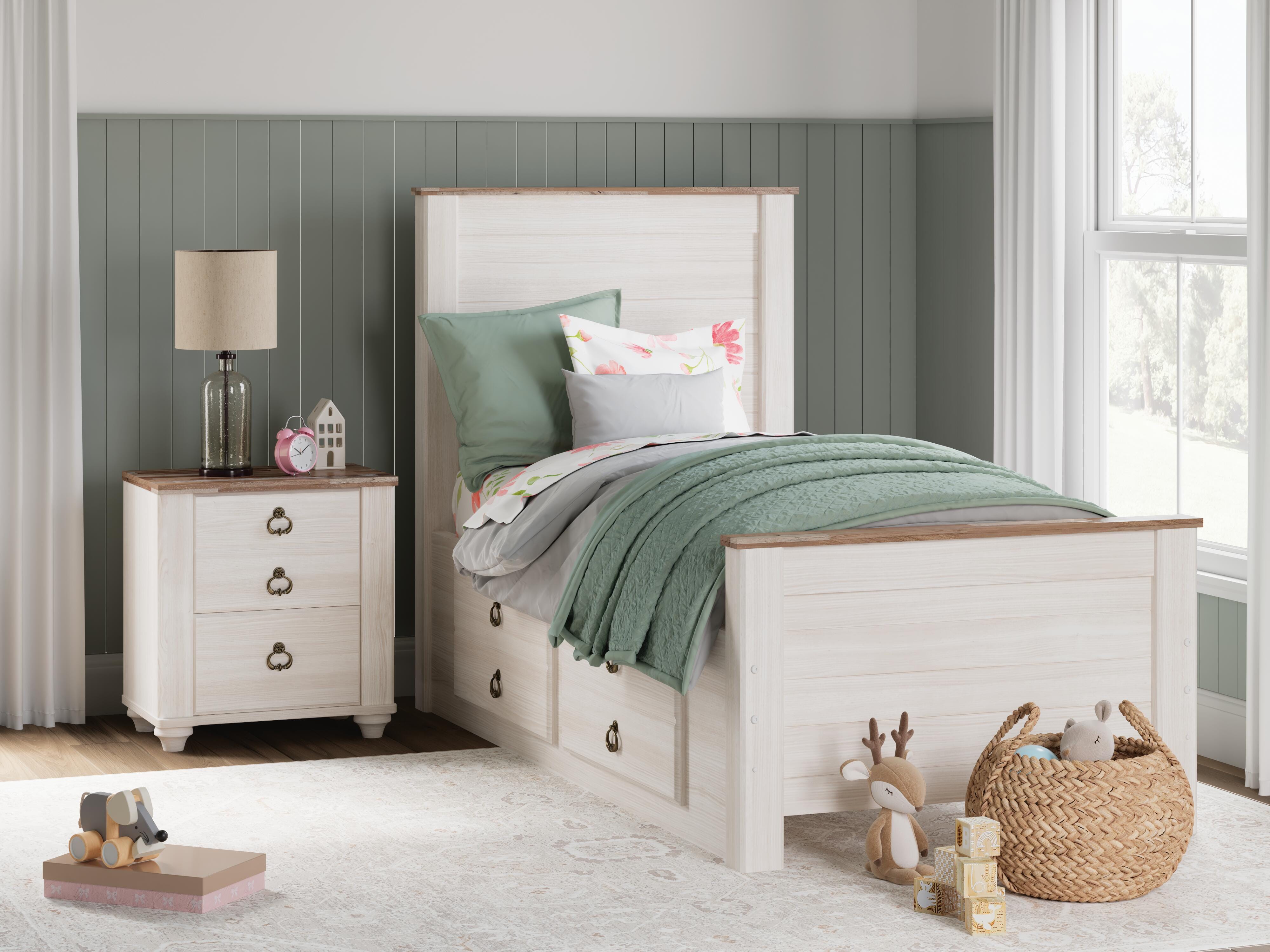 Dar Furniture - Ashley Furniture - Willowton Twin Panel Bed with 2 Storage Drawers - Twin Panel Bed with 2 Storage Drawers / Whitewash - B267B21