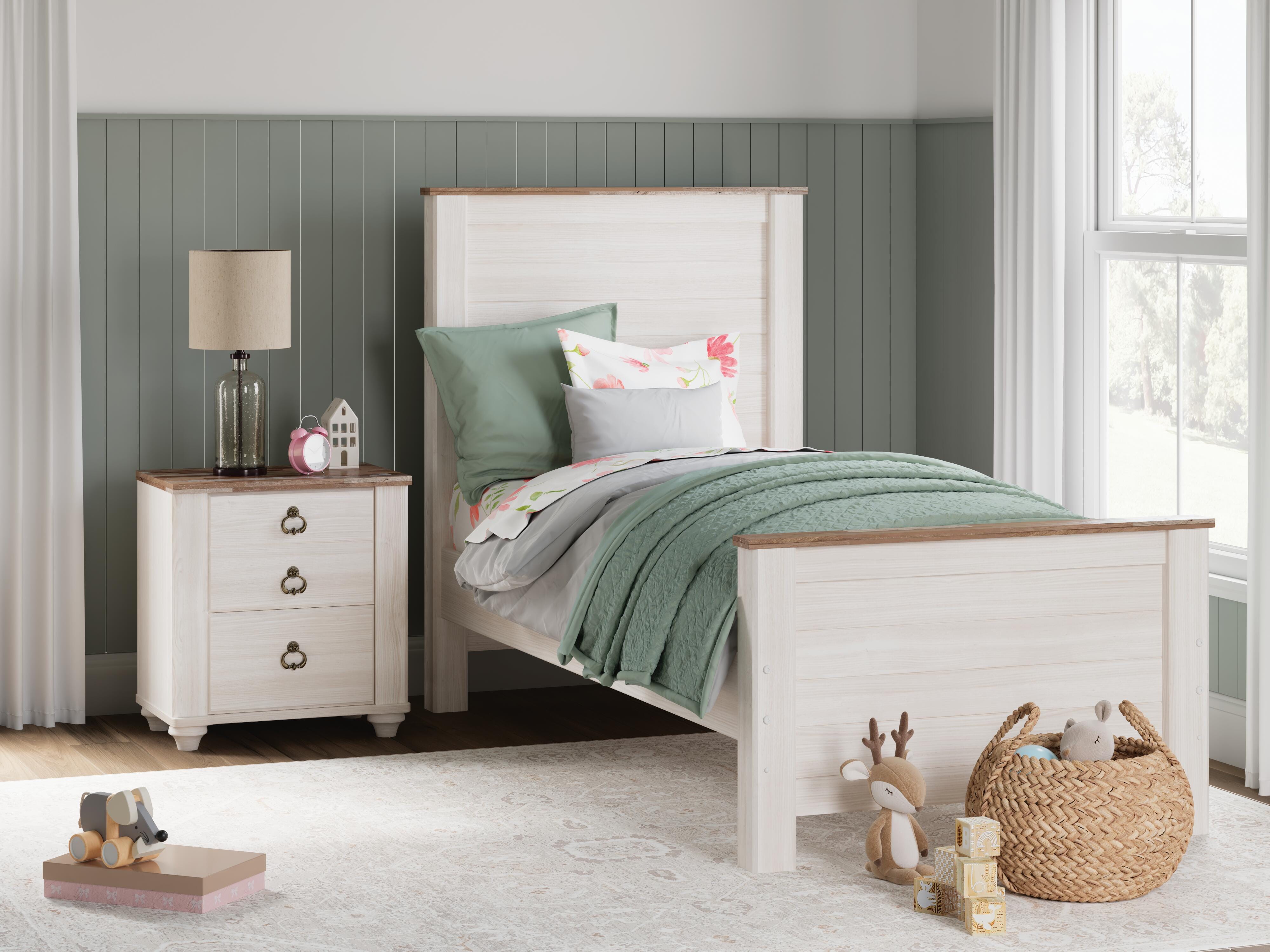 Dar Furniture - Ashley Furniture - Willowton Twin Panel Bed - Twin Panel Bed / Whitewash - B267B15
