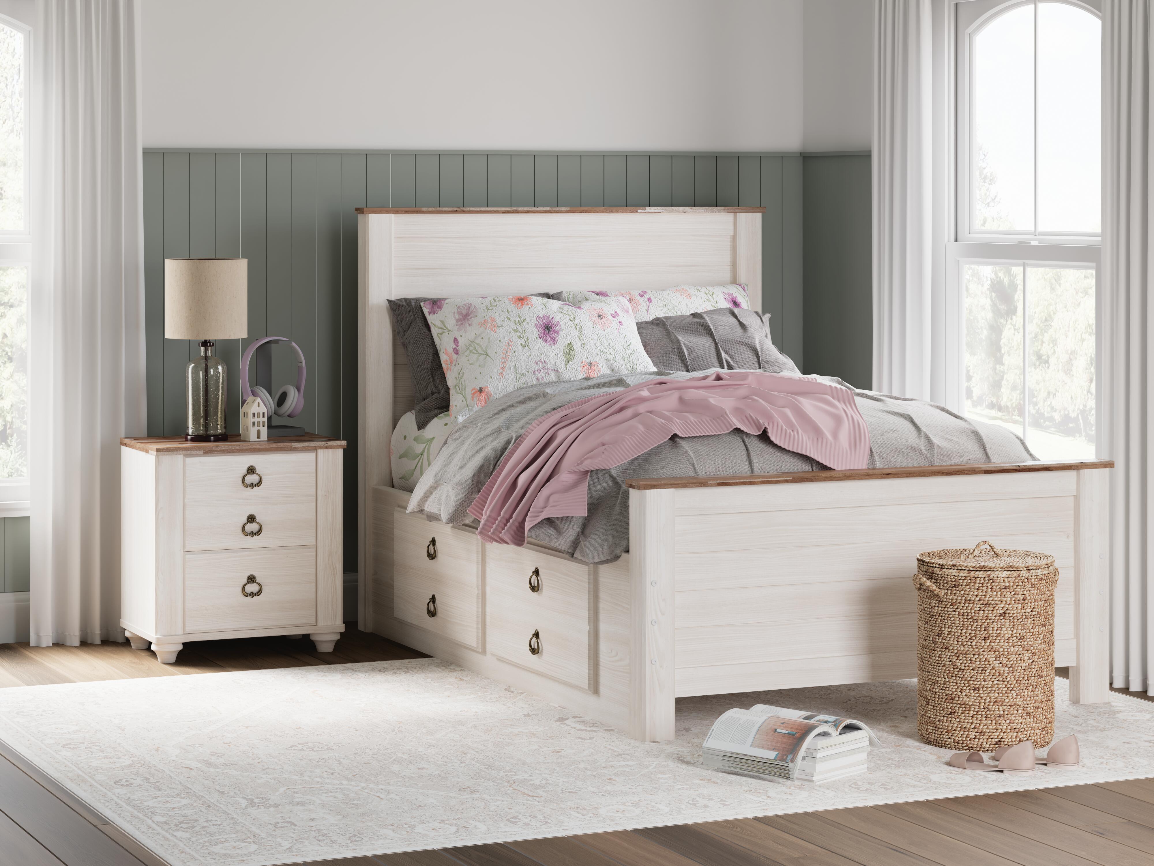 Dar Furniture - Ashley Furniture - Willowton Full Panel Bed with 2 Storage Drawers - Full Panel Bed with 2 Storage Drawers / Whitewash - B267B22