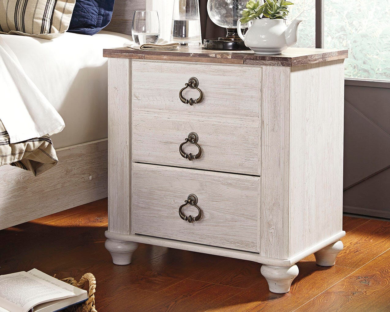 Dar Furniture - Ashley Furniture - Willowton Nightstand - Two Drawer Night Stand / Whitewash - B267-92